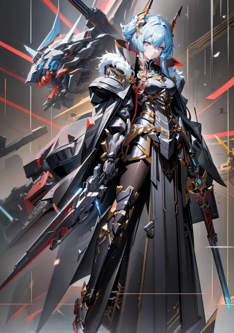 Anime characters with sword and armor futuristic setting, girl in mecha cyber armor, Kushat Krenz key art female, by Yang J, cyb...
