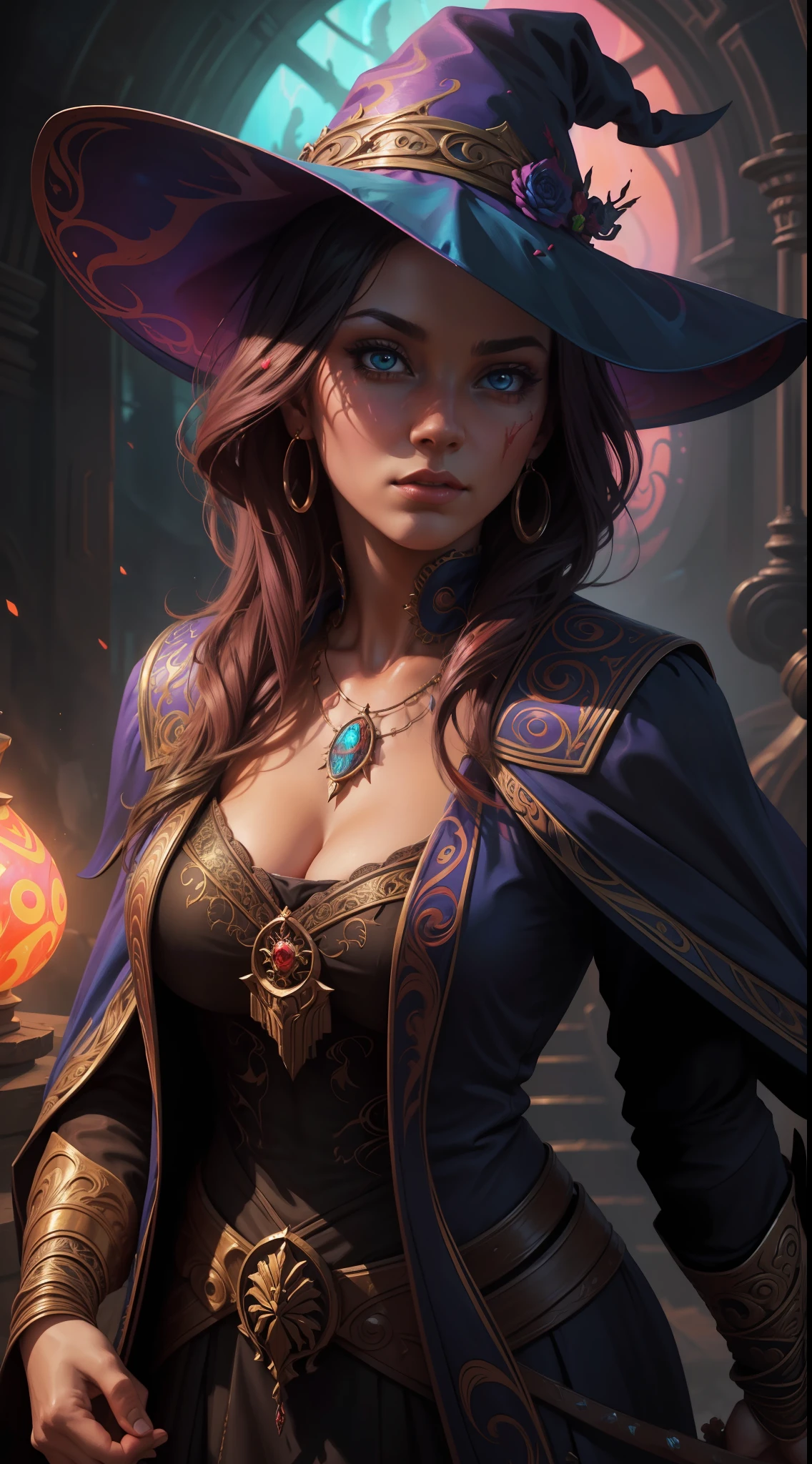 (best quality: 1.1), (masterpiece: 1.1), detailed, perfect anatomy, 1 girl, medium shot, (wide hips: 1.2), wizard, masterpiece, best quality, mature witch, witch hat, grumpy lighting, brightness, bright, mysterious, mystical, magical, rim lighting, vibrant, psychedelic, colorful, intricate, elegant, sharp focus, highly detailed, digital painting, concept art, matte, masterpiece, hyper detailed ultra sharp, vibrant aesthetics, blood wave,  colorful, psychedelic, ornate, intricate, digital painting, concept art, smooth, sharp focus, illustration, beautiful female,