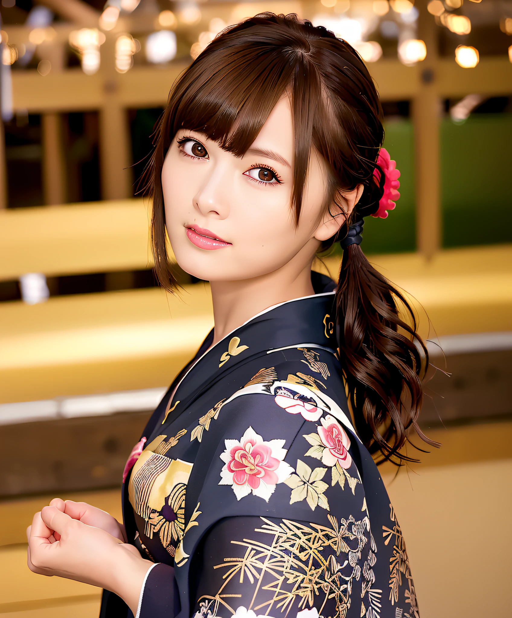 best quality, photorealistic, 8k, high res, 1girl, woman, (skindentation), (professional lighting),  (kimono:1.74), gorgeous, (1girl eyes looking at viewer:1.54), ((looking at viewer:1.6)), (looking at the camera), photorealistic, (bokeh), (dynamic pose:1.2), masterpiece, intricate, realistic, sharp focus, award-winning photograph,smile, cute breasts,