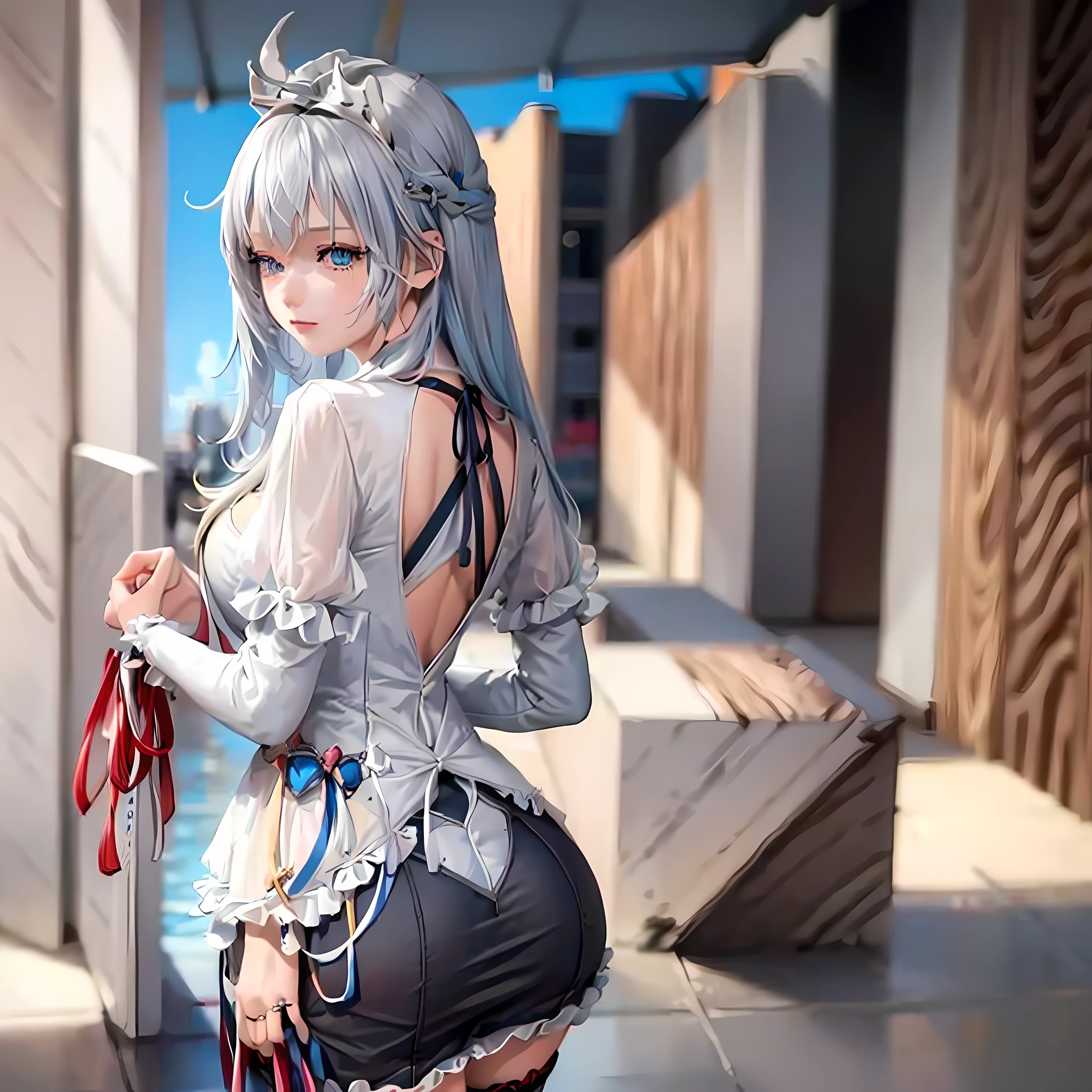 light-reflecting clothing, (light diffraction on skin: 1.35), (shiny skin: 1.55), (iridescence effect: 1.55), anime, a woman with white hair and blue eyes smiling seductively , process art, seductive anime girl, , visual anime of a cute girl, girl with perfect white hair, anime moe artstyle, fine details. , Hyperrealistic , Anime Girl with Blue Hair, Breasts, 1Girl, Long Hair, Blue Eyes, Solo, Big Breasts, Blush, , Bangs,(Masterpiece, Best Quality, Ultra-Detailed: 1.6), Illustration, (Solo, 1 Girl, Beautiful Detailed Eyes: 1.2), City, Street, Making a Heart with Fingers, Expression of girl in love, , plump, very large butt, from behind, wide hips show the butt on the face, on the floor on all fours, a close up of a person in a ling