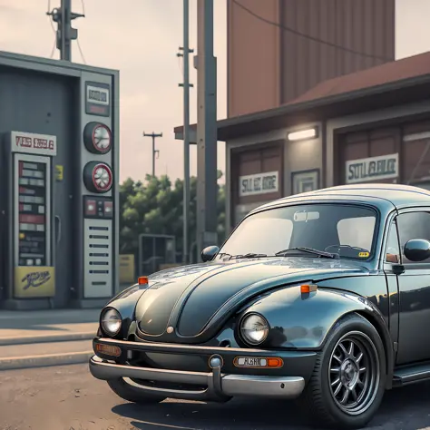 black beetle around gas station, (atompunkstylesd15:1.0), (masterpiece:1.2) (photorealistic:1.2) (bokeh) (best quality) (detaile...