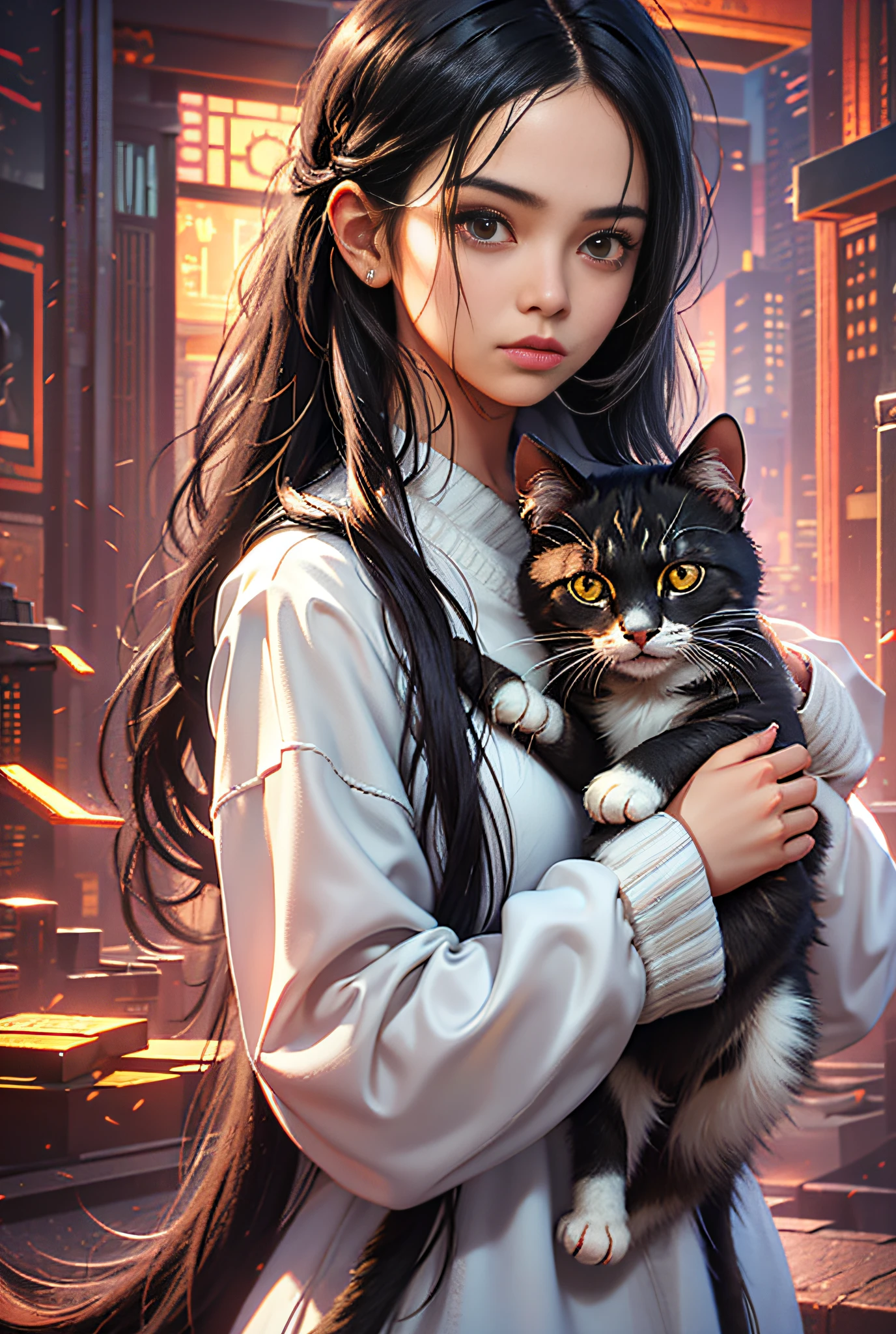 1girl,black hair,solo,holding animal,looking at viewer,black eyes,holding,long hair,holding cat,realistic,simple background,covered mouth,upper body,long sleeves