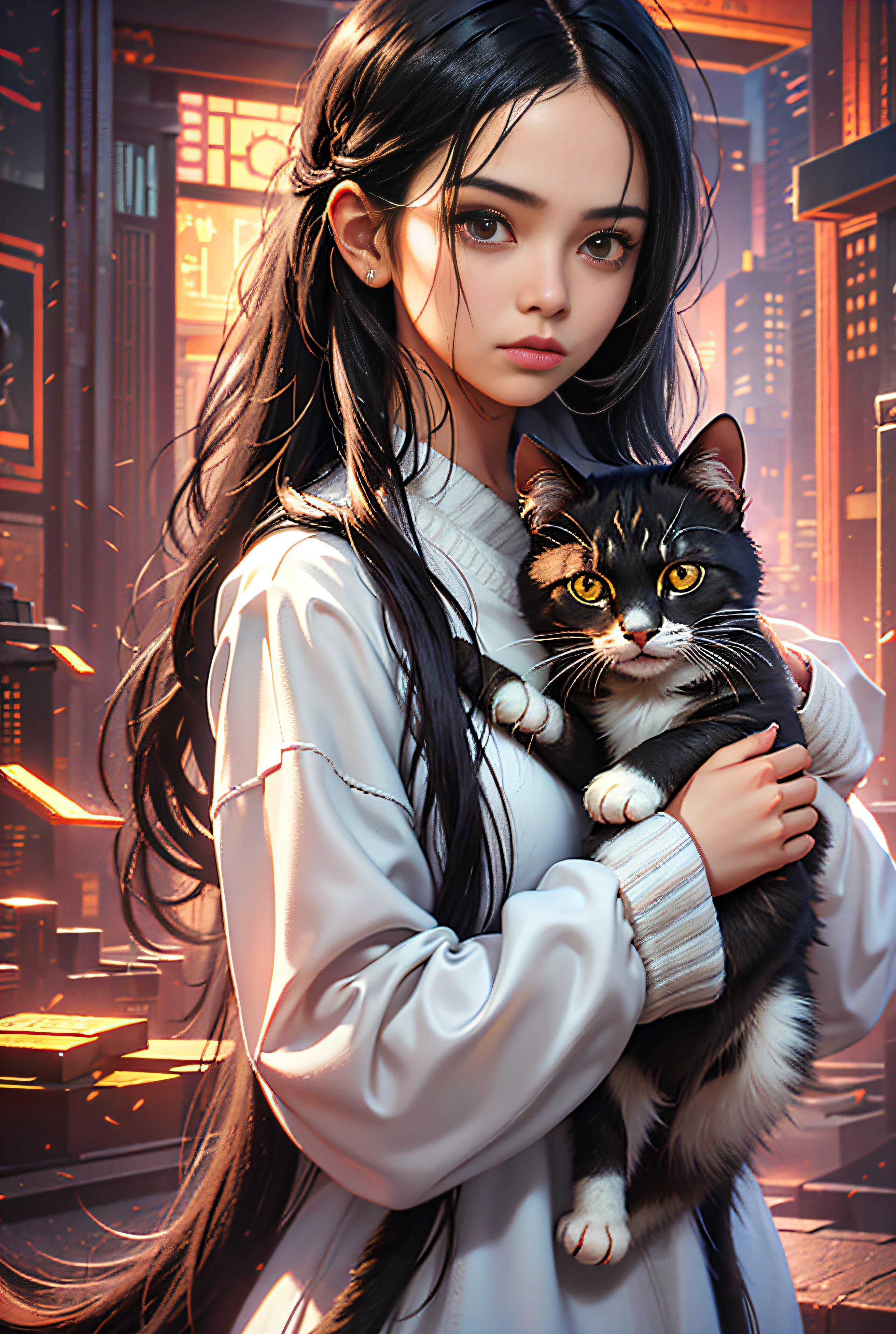 Anime Girl Holding A Cat In Her Arms In A City Seaart Ai