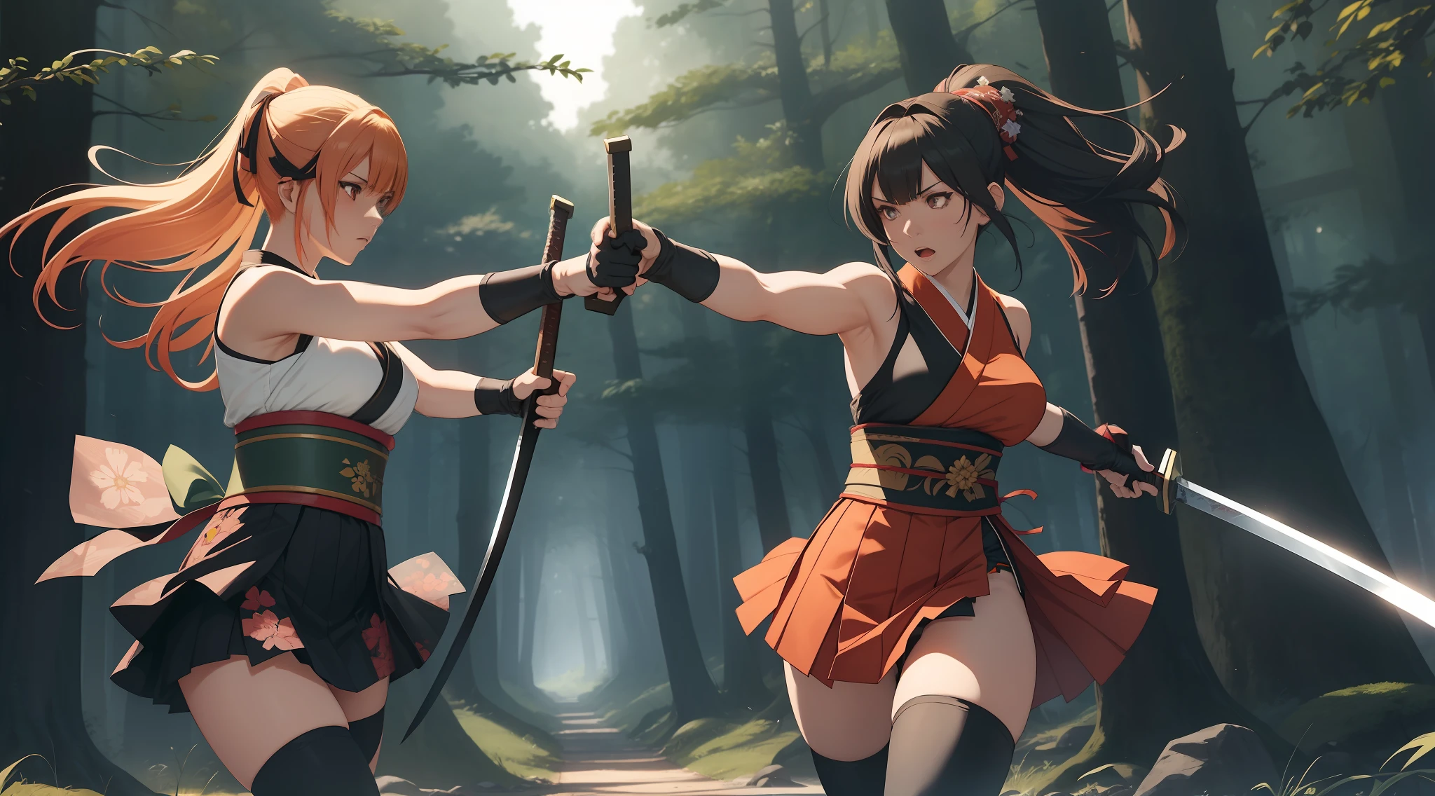 Full body shot of two female character from Dead or Alive games, with serious expression, fighting 1 versus 1 in a fierce duel death match with short swords weapon. One of them take lethal slash and wounded. They have long loose hairstyle. They are wearing different color of traditional sleeveless kimono, with a floral print skirt, an obi tied on back hip. Both of them are wearing a pair of long black elbow gloves, a pair of 100% black thigh highs, and black shoes. Background set in a dark forest.