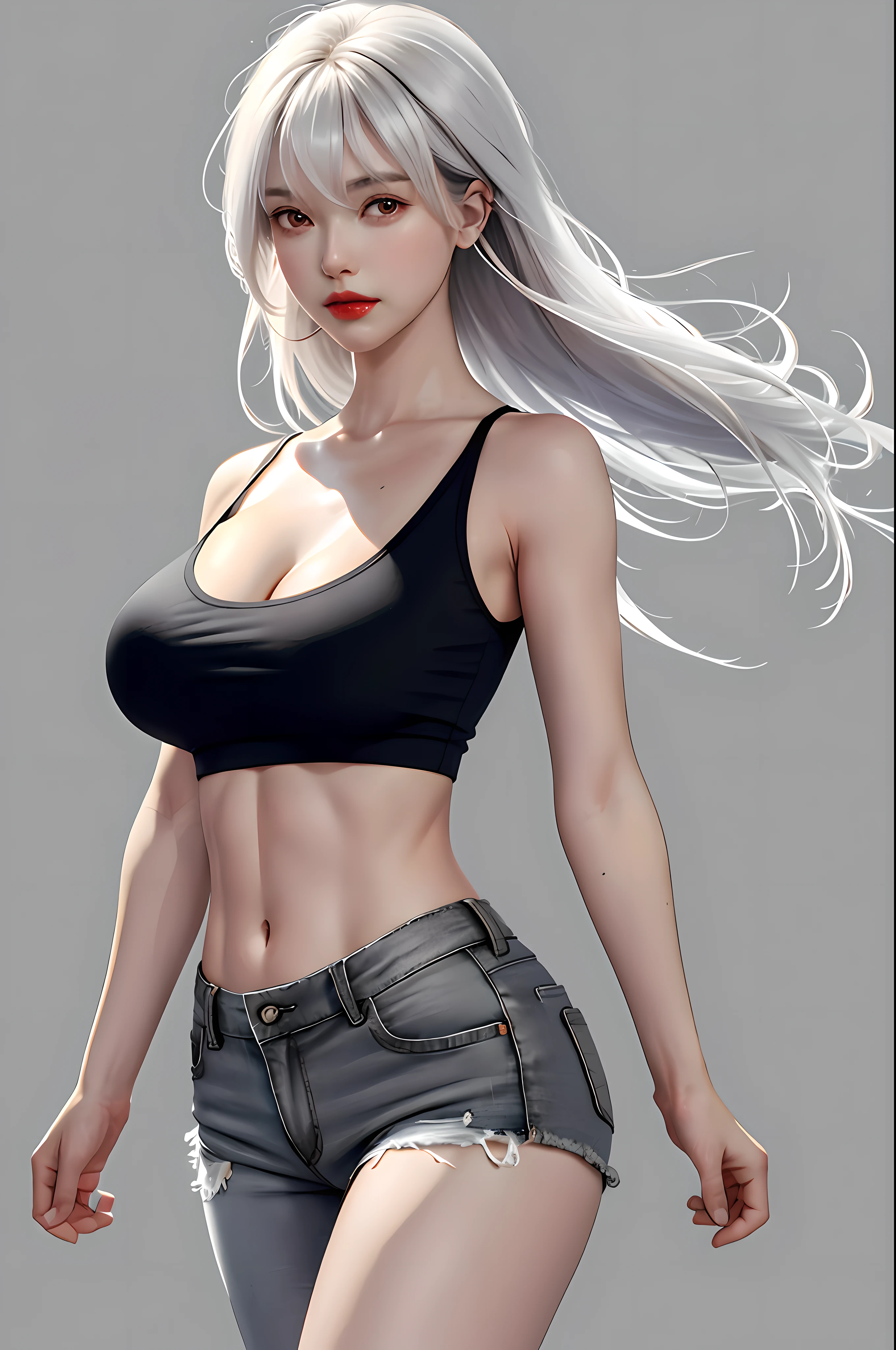 girl, bangs, bare shoulders, black pants, extra huge breasts, breasts squeezed together, gray background, hair between eyes, long hair, view viewer, super short pants, parted lips, red eyes, camisole vest, simple background, sleeveless, sleeveless shirt, solo, , v-arms, white hair, (shiny skin), (masterpiece: 1.4), (best quality: 1.4), ,,, Facigirl, red lips, perfect abs, navel, (:1.5), (transparent areola), , extra huge, sweat，