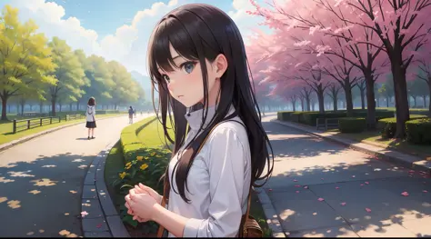 Girl, shy-faced, hands behind her back, in the park