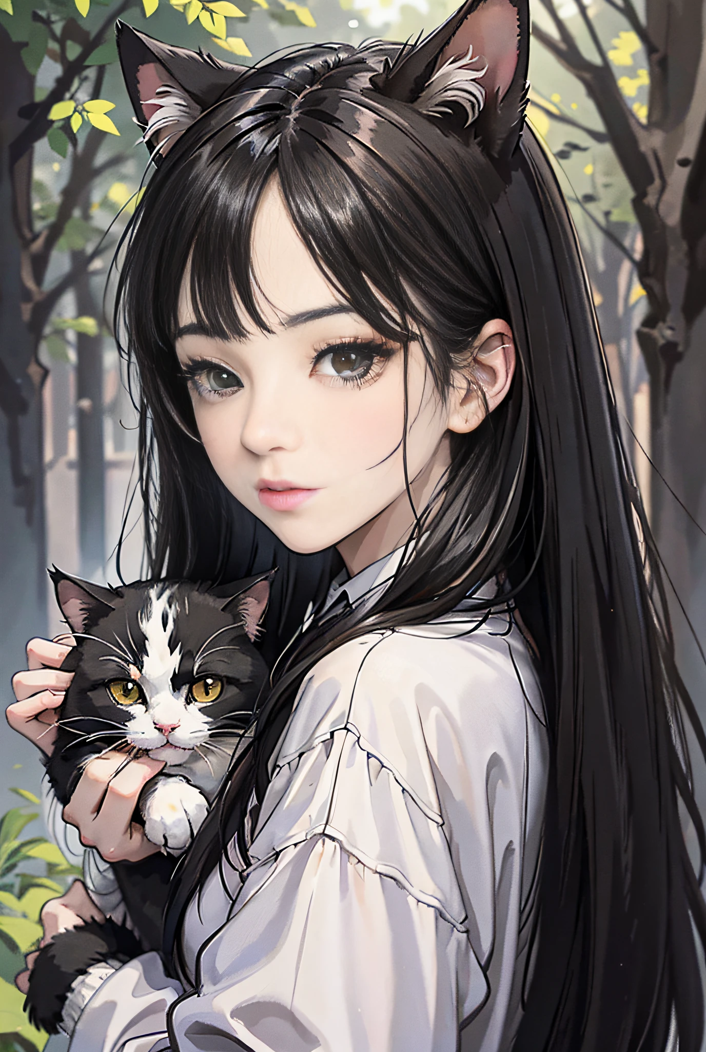 1girl,black hair,solo,holding animal,looking at viewer,black eyes,holding,long hair,holding cat,realistic,le backupper body,long sleeves