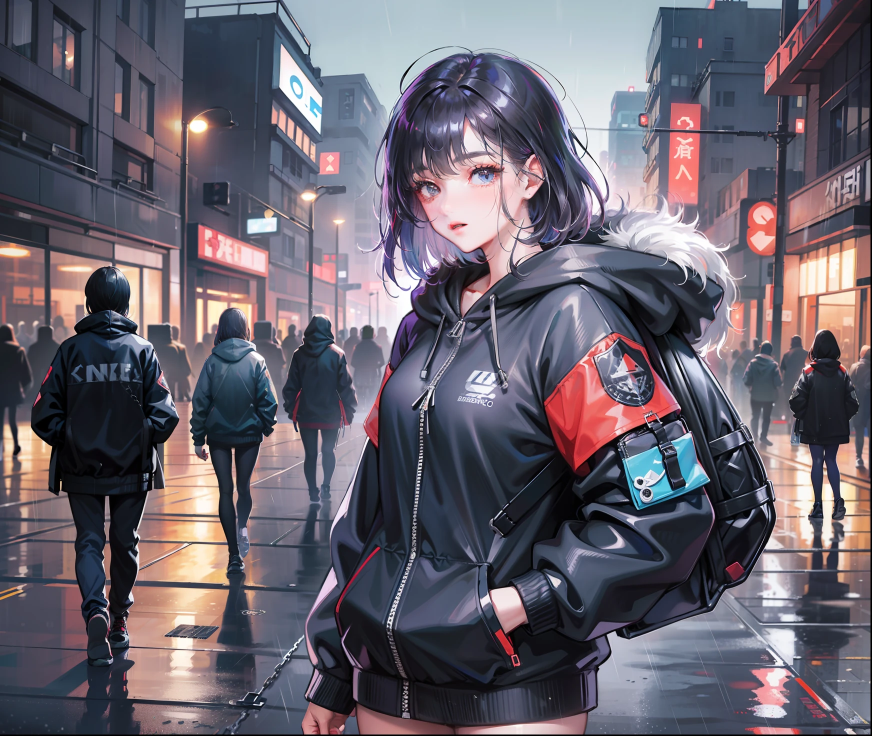 1girl, jacket, rain, outdoor, hoodie, open jacket, chain, backpack, messy hair, trend on artstation, 8k resolution, very detailed, anatomically correct, clear picture Cyberpunk Korean casual wear heavy rain casual clothes tall leg length modern technology Exquisite face