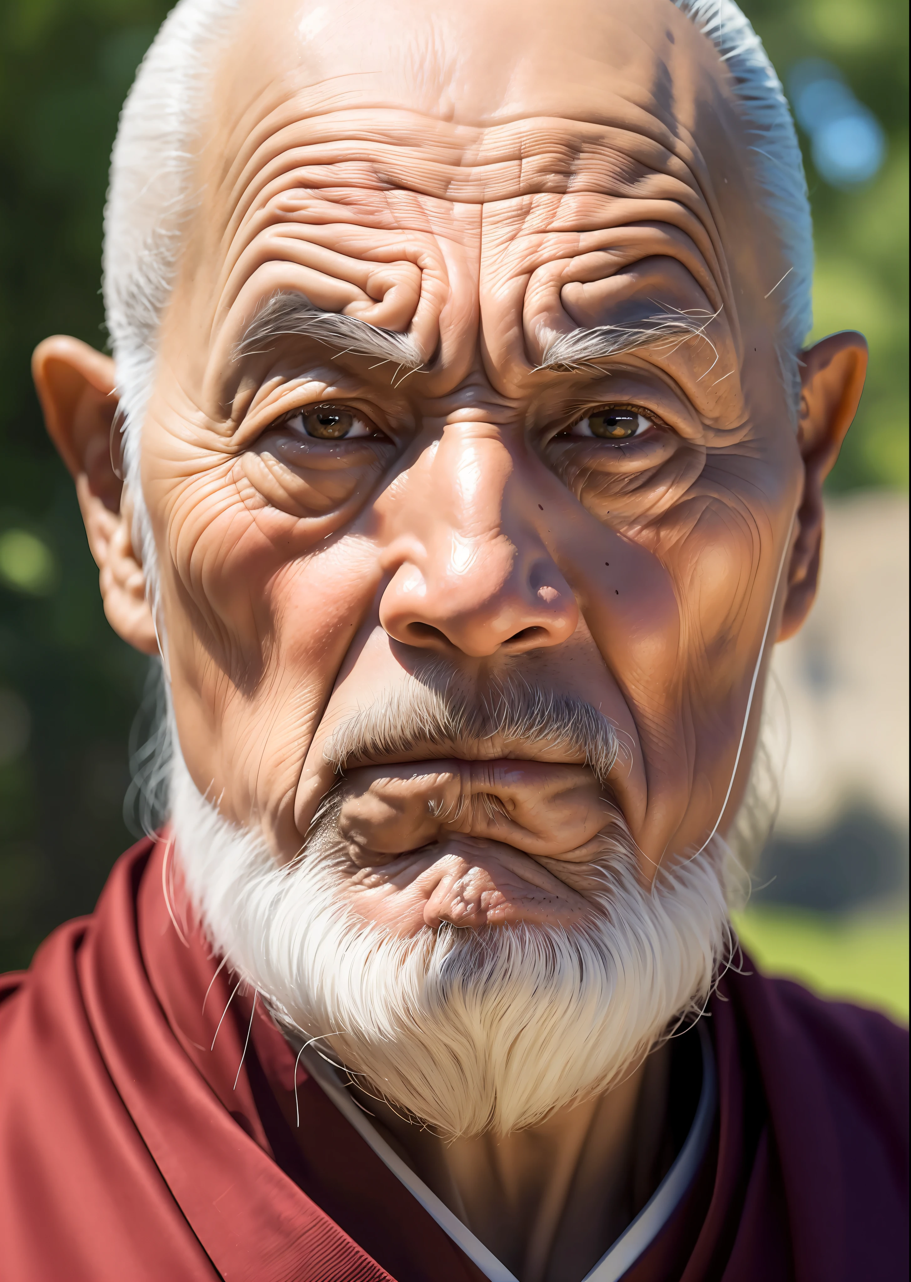 Das weise Gesicht eines älteren Mönchs, mit tiefen Linien, die Geschichten eines weise gelebten Lebens erzählen, Samurai-Krieger, vermittelt ein Gefühl von Ruhe und Geheimnis