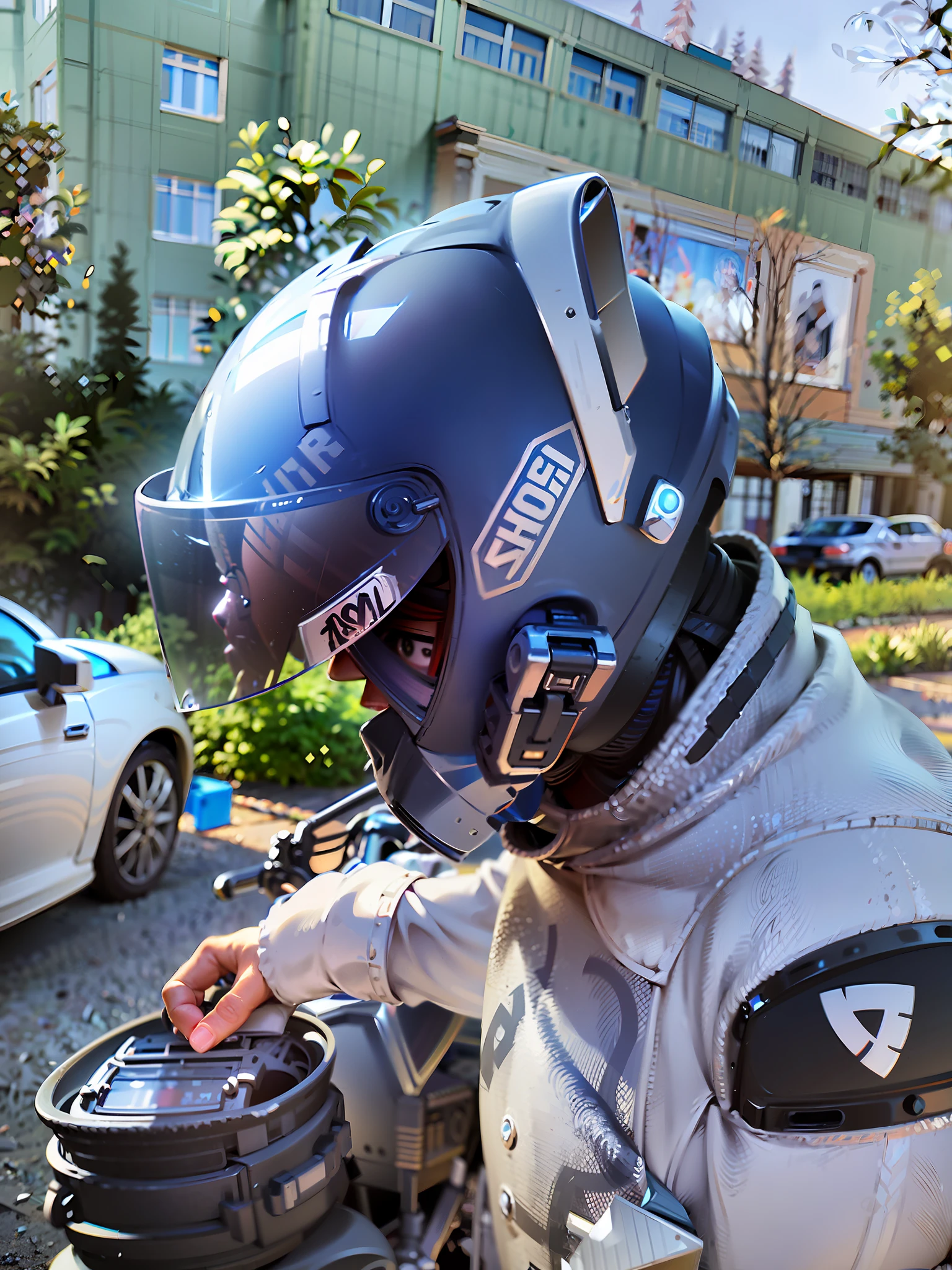 arafed man in a helmet and protective gear on a motorcycle, point of view of visor wearer, helmet on face, wearing helmet, reflection of phone in visor, wearing a round helmet, beautiful blue armet helmet, wearing a helmet, motorcycle helmet, holding helmet, helmet visor smashed, snout under visor, without helmet, modern helmet