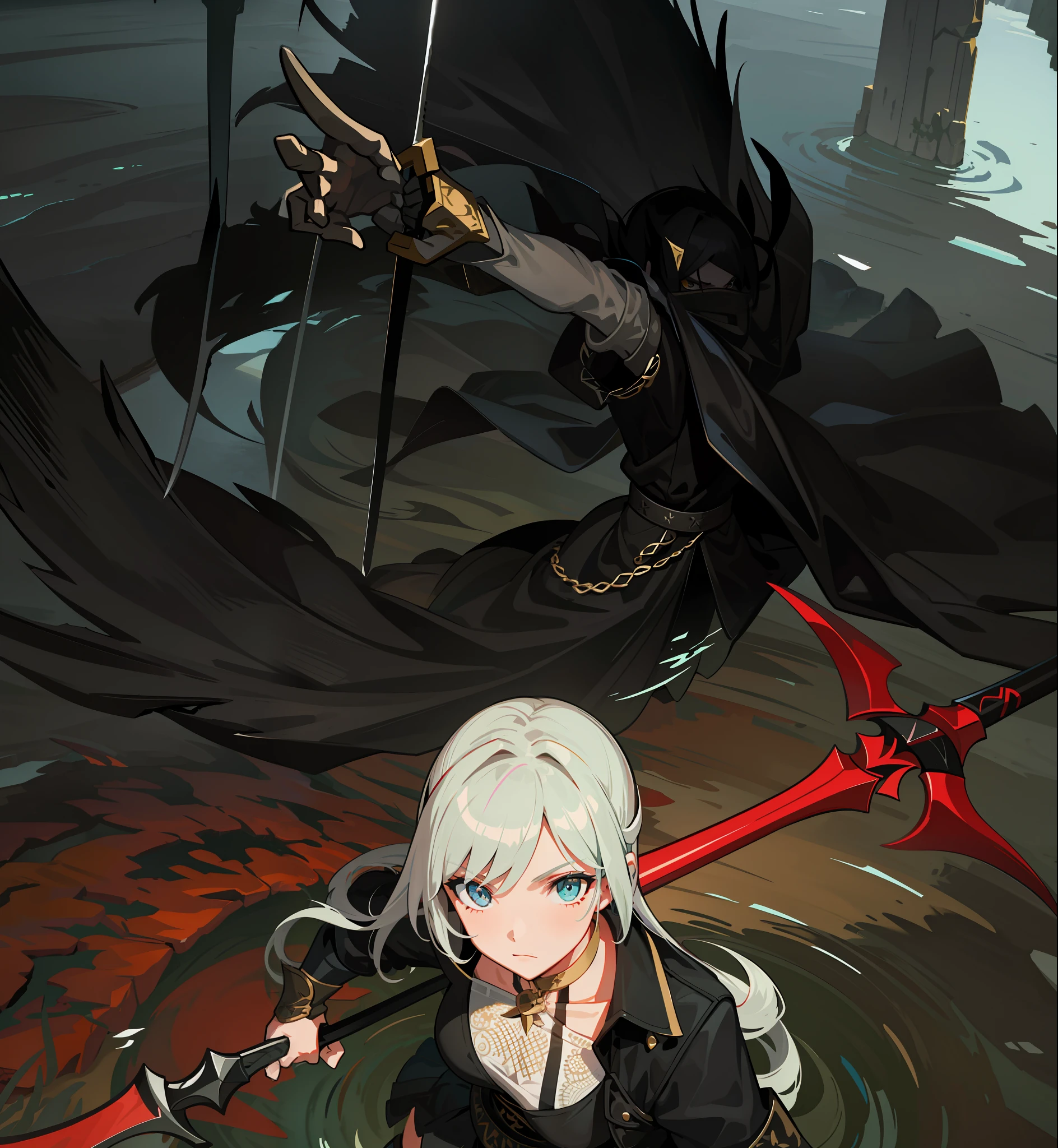 Anime girl with sword and black cape standing in water - SeaArt AI