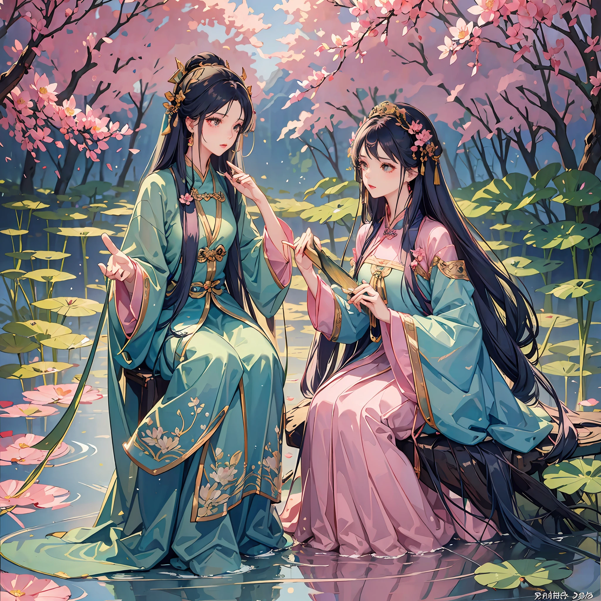 Comic costume beauty, long hair, pink and green long skirt, gorgeous headdress, comic costume male god, dark blue clothes, two people feeding fish by the lotus pond --auto --s2