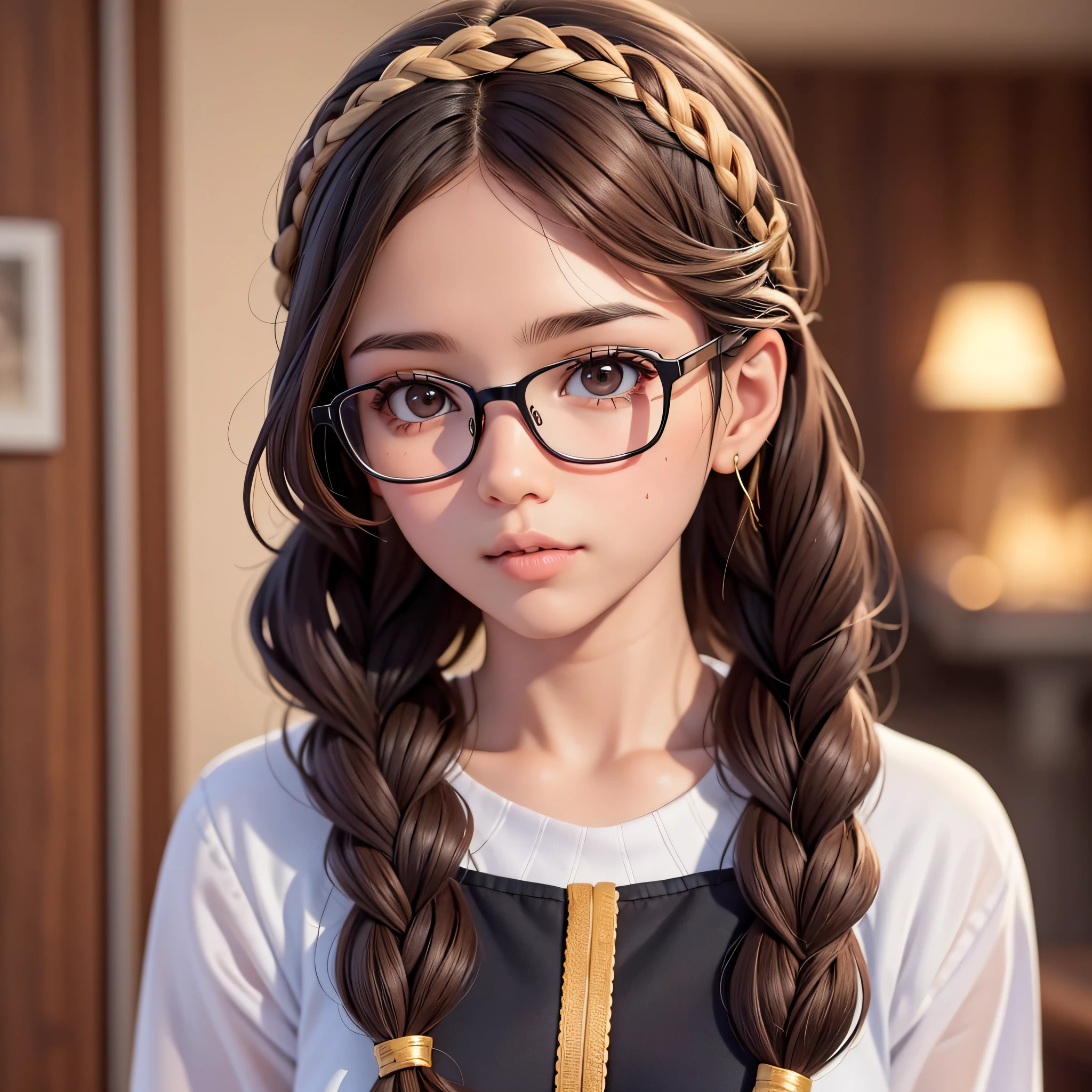 1girl,braid,glasses,headband,solo,twin braids,black hair,brown eyes,brown hair,long hair,looking at viewer,lips