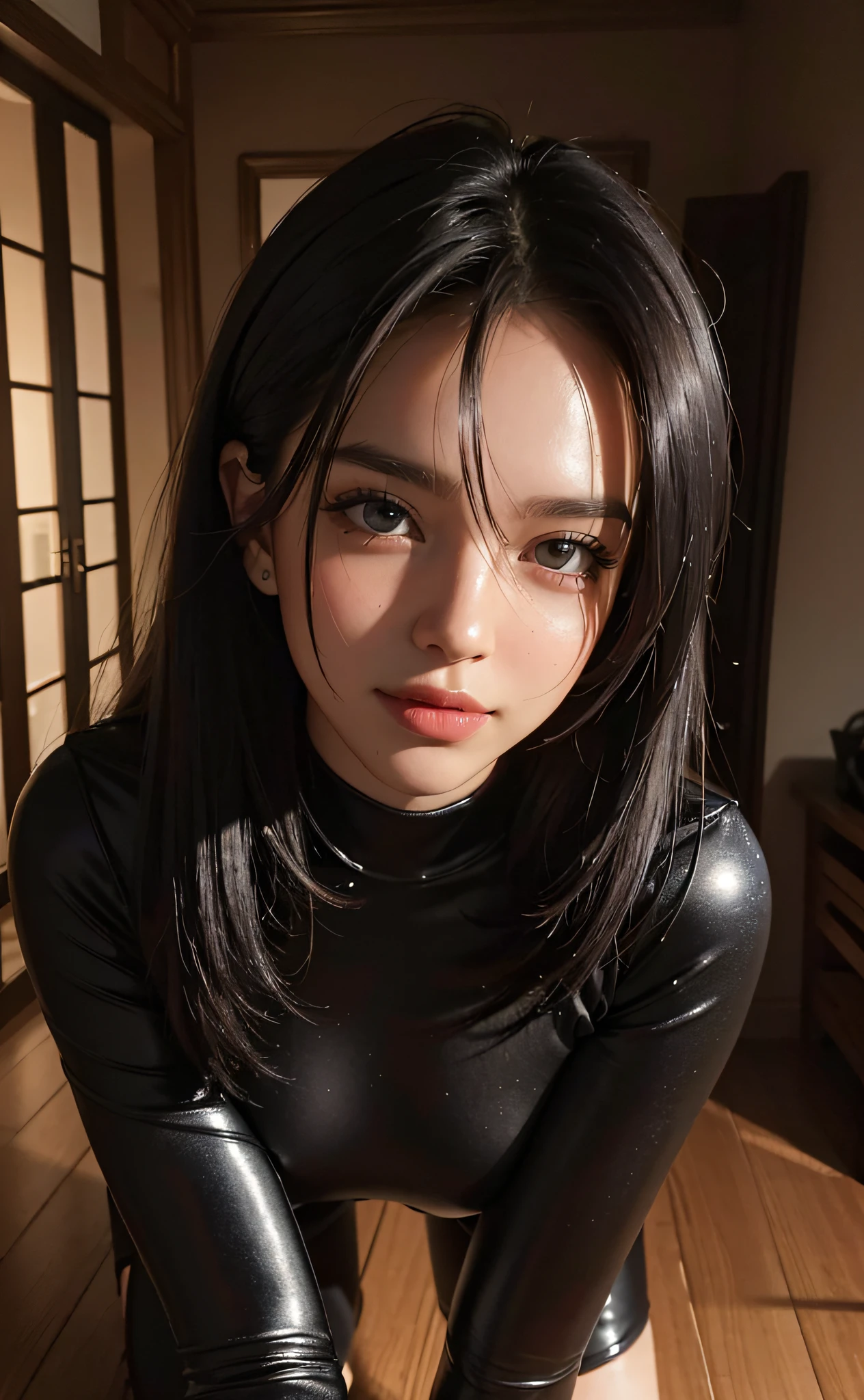 (Best Quality, 8K, Masterpiece: 1.3), (Ultra Real), (Illustration), (High Resolution), (8K), (Very Detailed), (Best Illustration), (Beautiful Detail Eyes), (Best Quality), (Ultra Detailed), (Masterpiece), (Wallpaper), (Detailed Face), Smile, Pure Sweet, (Black Coiled Hair), Highly Detailed Face and Skin, Gloomy and Damp Iron Fence Prison, 1 Girl, Wearing Latex Suit, Kneeling on the Ground, Edge Lighting, Backlight, Movie, Full Body Photo