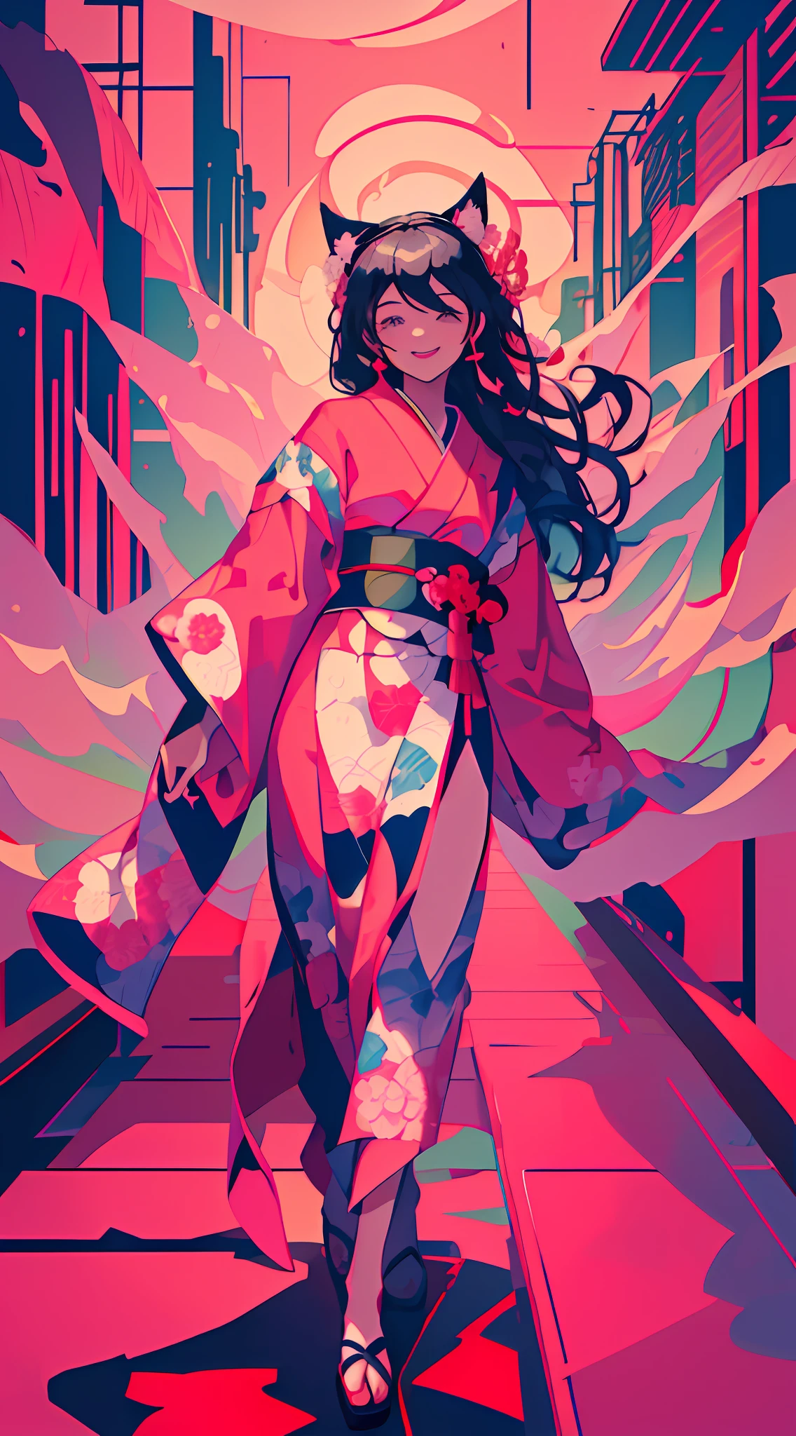 (шедевр), (Лучшее качество), (((супер подробный))), (растрепанные волосы), (иллюстрация), (Одна девушка), все тело, улыбка, black-haiкрасный girl in красный color kimono, Богиня Ветра, Волосы развеваются на ветру, розовый martial arts colorful golden folk kimono girl, синий, красный, розовый, белый, экзотическая восточная атмосфера, звездная пыль, Кошачьи уши