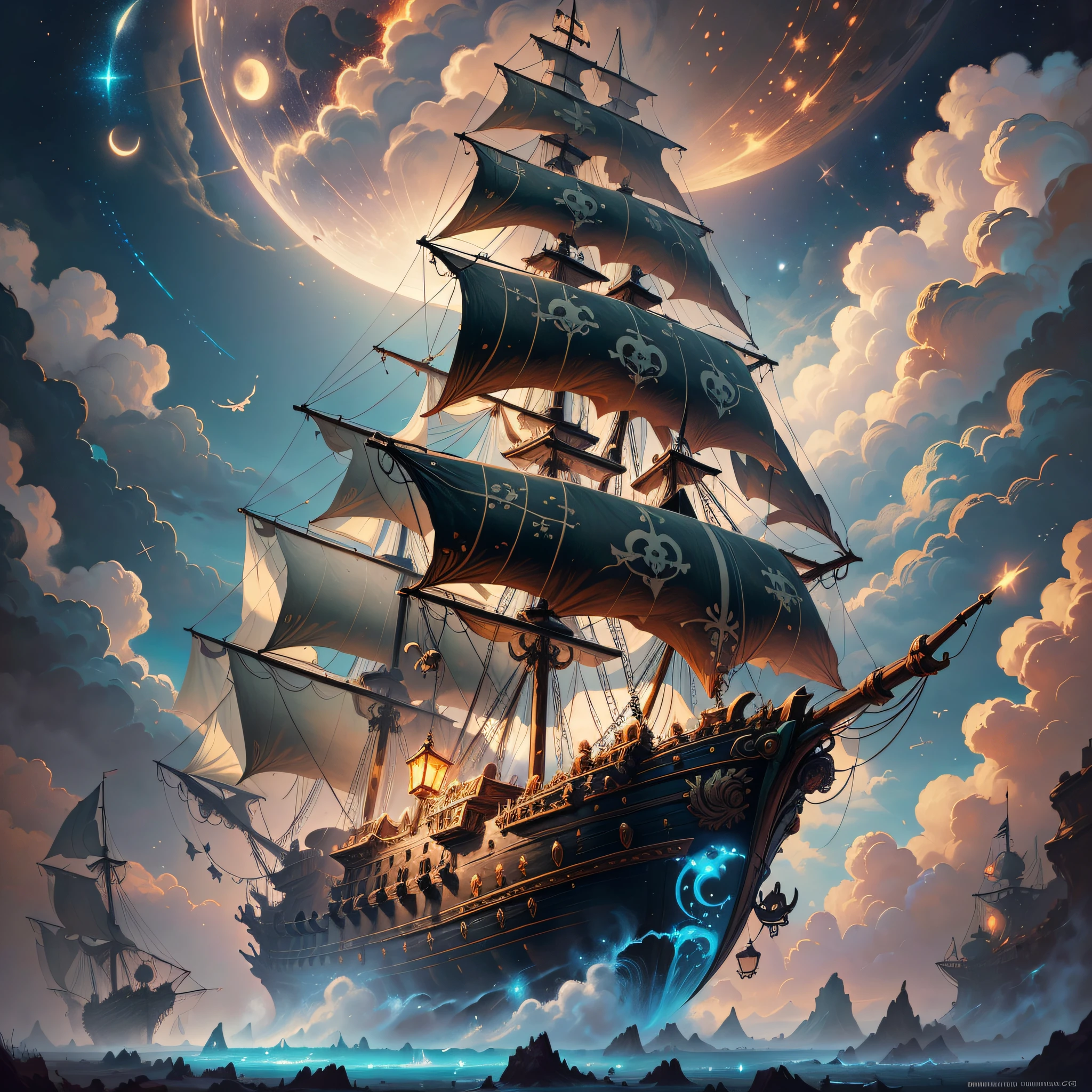 Ein Gemälde eines fliegenden Piratenschiffs, umgeben von kleinen Feen, Wolken, Mond, Sterne im Hintergrund, Fantasie, Hochdetaillierte digitale Kunst in 4K, hochwertige, detaillierte Kunst in 8k, Im Stil von Cyril Rolando, detailed Fantasie digital art, epic Fantasie science fiction illustration, tolle Tapete, inspiriert von Gaston Bussiere --auto --s2