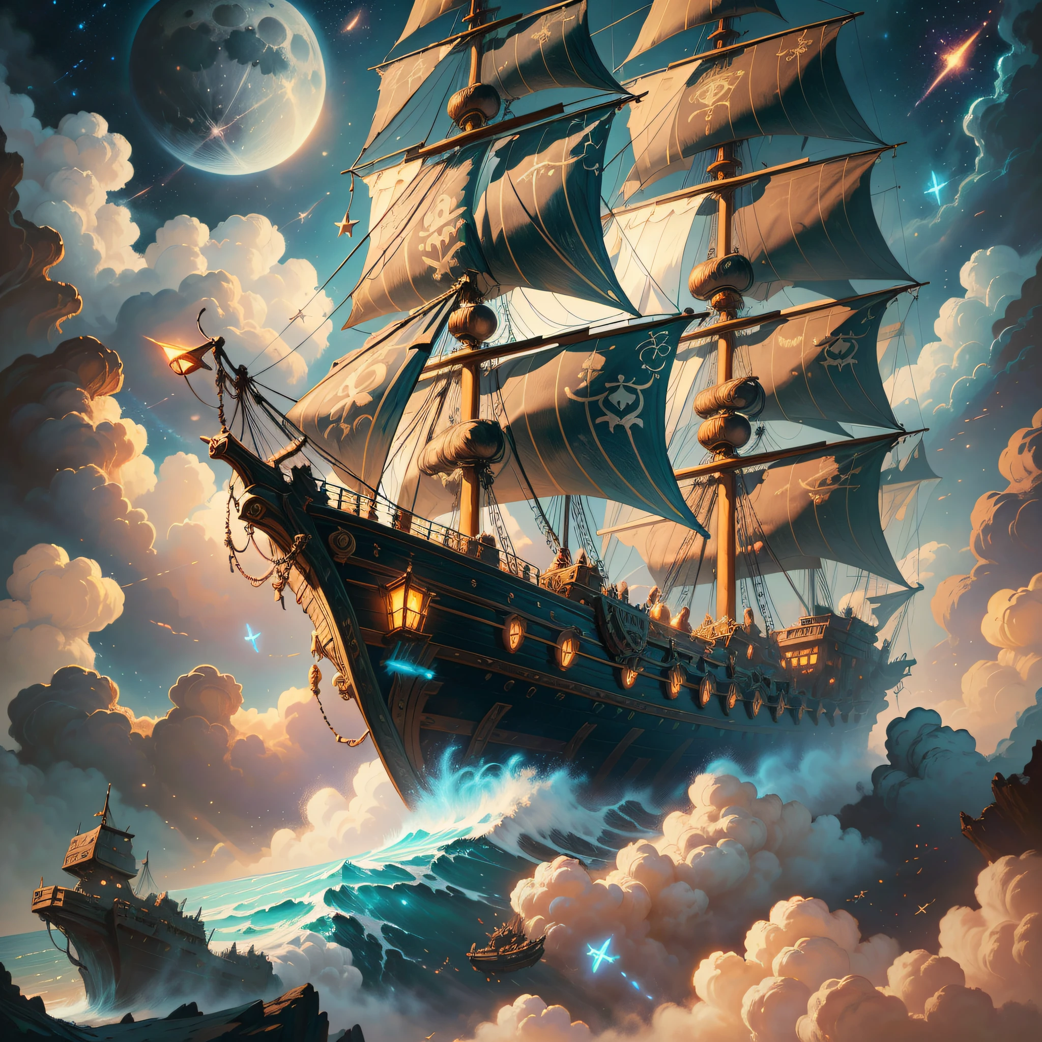 Ein Gemälde eines fliegenden Piratenschiffs, umgeben von kleinen Feen, Wolken, Mond, Sterne im Hintergrund, Fantasie, Hochdetaillierte digitale Kunst in 4K, hochwertige, detaillierte Kunst in 8k, Im Stil von Cyril Rolando, detailed Fantasie digital art, epic Fantasie science fiction illustration, tolle Tapete, inspiriert von Gaston Bussiere --auto --s2