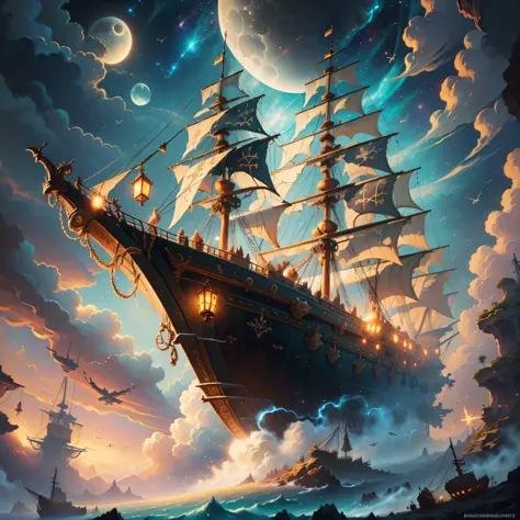 A painting of a flying pirate ship surrounded by small fairies, clouds, moon, stars in the background, fantasy, highly detailed ...