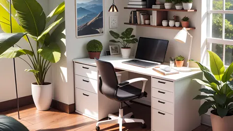 A luminous workspace adorned with a height-adjustable desk featuring a dark walnut top and sleek white legs, accompanied by a ve...