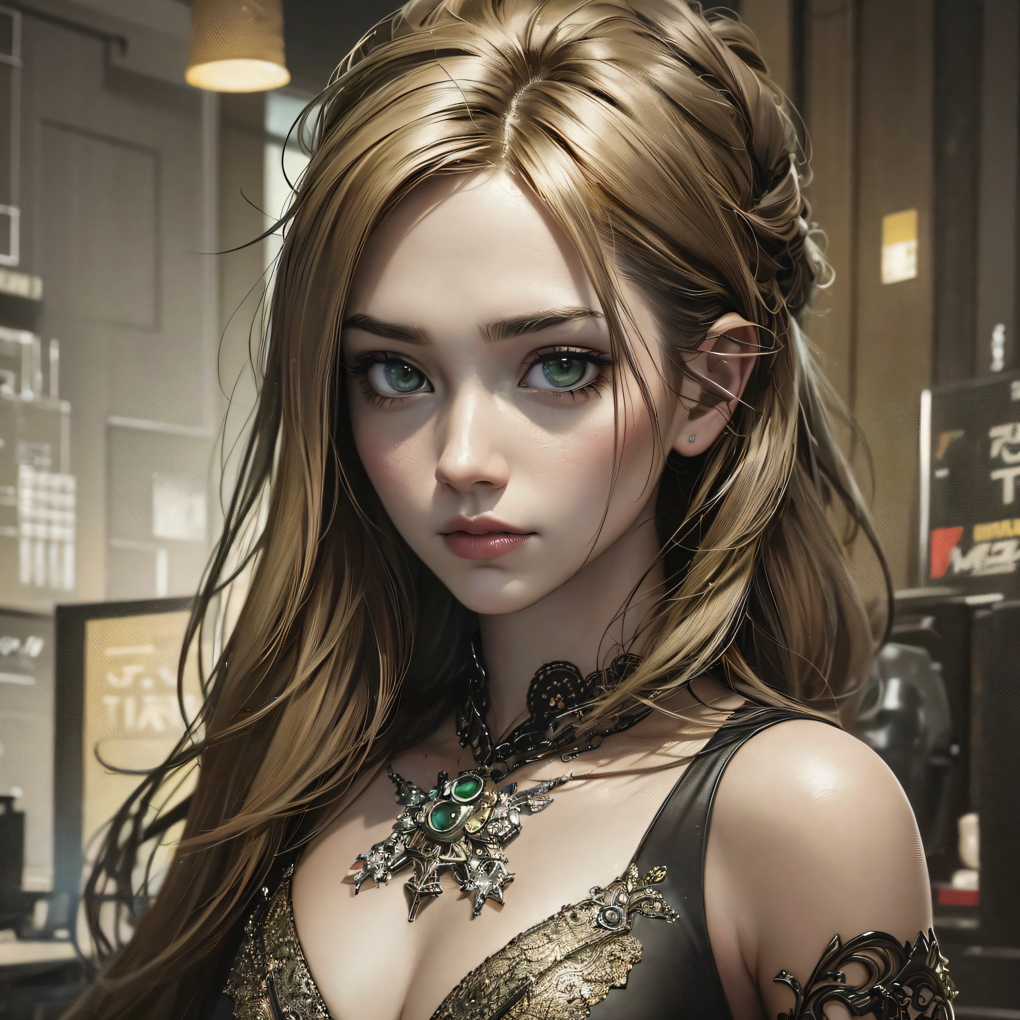 A portrait of a  beauty zombie girl alone in a crowd, alabaster skin, grunge suit, gangly background, dubious poses, perfect face, hyper detailed, Dead inside, green eyes, (extremely detailed CG Unity 8K wallpaper), the most beautiful artwork in the world, Atey Ghailan, in the style of Studio Ghibli, by Jeremy Mann, Greg Manchess, Antonio Moro, Intricate, high detail, photorealistic painting art by Midjourney and Greg Rutakowski, matte, Bryan organ, extremely detailed Unity 8K CG wallpaper, high detail, photorealistic painting art by Midjourney and Greg Rutakowski, matte, Bryan organ, extremely detailed Unity 8K CG wallpaper, high detail, photorealistic painting art by Midjourney and Greg Rutzowski, Matte, Bryan organ, extremely detailed CG Unity 8K wallpaper, High detail, photorealistic painting art by Midjourney and Greg Rutakowski, matte, Bryan organ --auto --s2