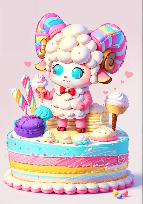 sheep with ice cream on cake, sheep with red horns, macaron dessert, bow, lollipop, cream, animal crossing character, rainbow sh...