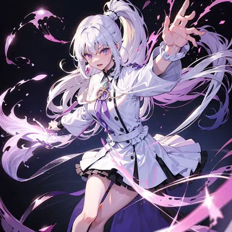 White hair, semi-long hair, purple eyes, glowing eyes, skirt, mature, recovery wizard, fighting in cave