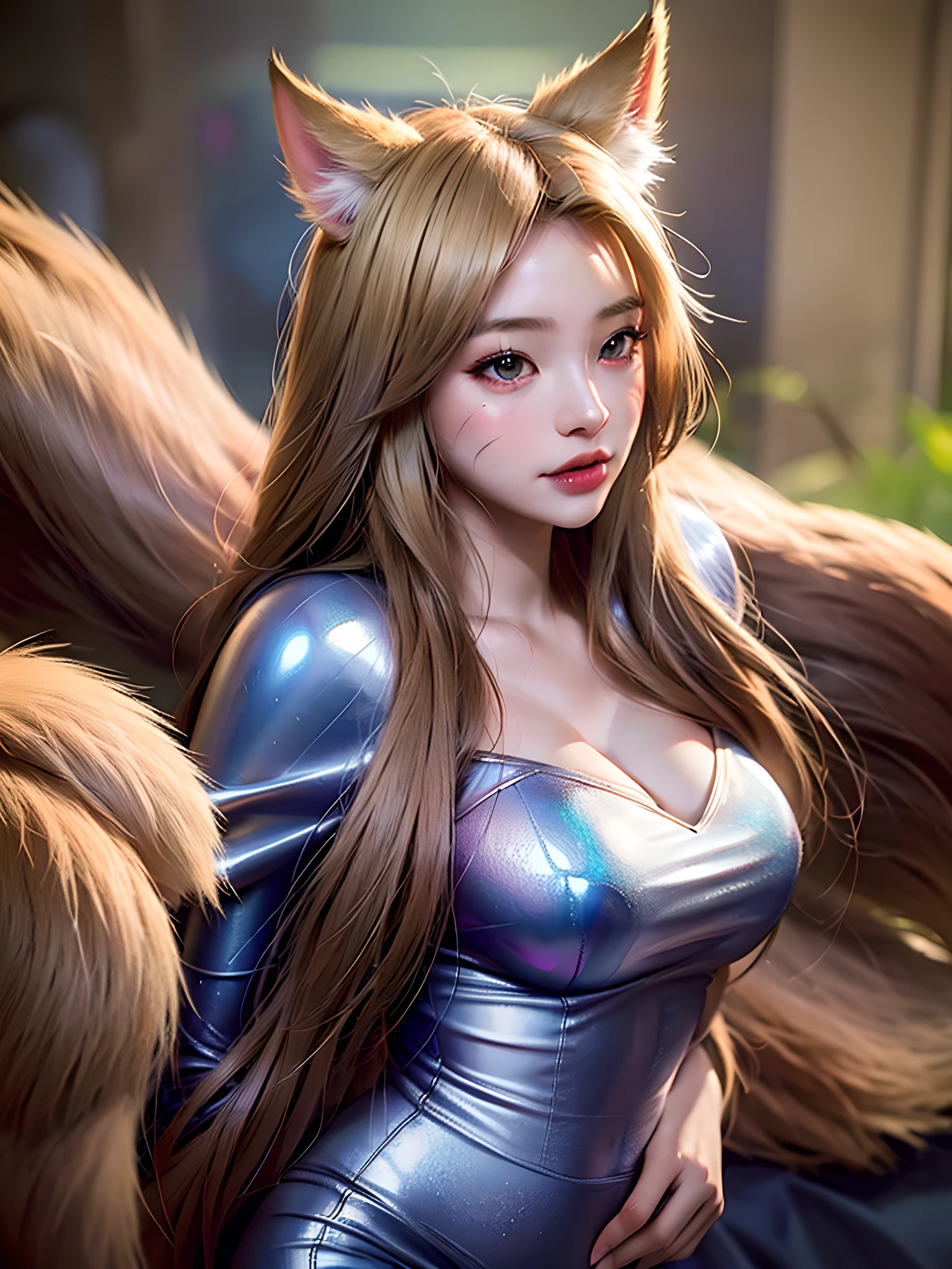 obra maestra, (Fotorrealista:1.4), mejor calidad, hermosa iluminación, 
1 chica, Parte superior del cuerpo, Mazmorras, incendios, magia, Luchar, alta resolución, armadura de placas de plata, pantalones metalicos, caballero, Ahri \(League of Legends\), League of Legends, pechos medianos, k/y \(League of Legends\), orejas de animales, solo, orejas de zorro, pelo largo, pelo rubio, Ojos cafés, chica zorro, cola de zorro, k/y Ahri, ((múltiples colas)), 
foto cruda, 8k hd, grano de la película, Iluminación profesional, mapeo de fotones, radiosidad, renderizado basado físicamente