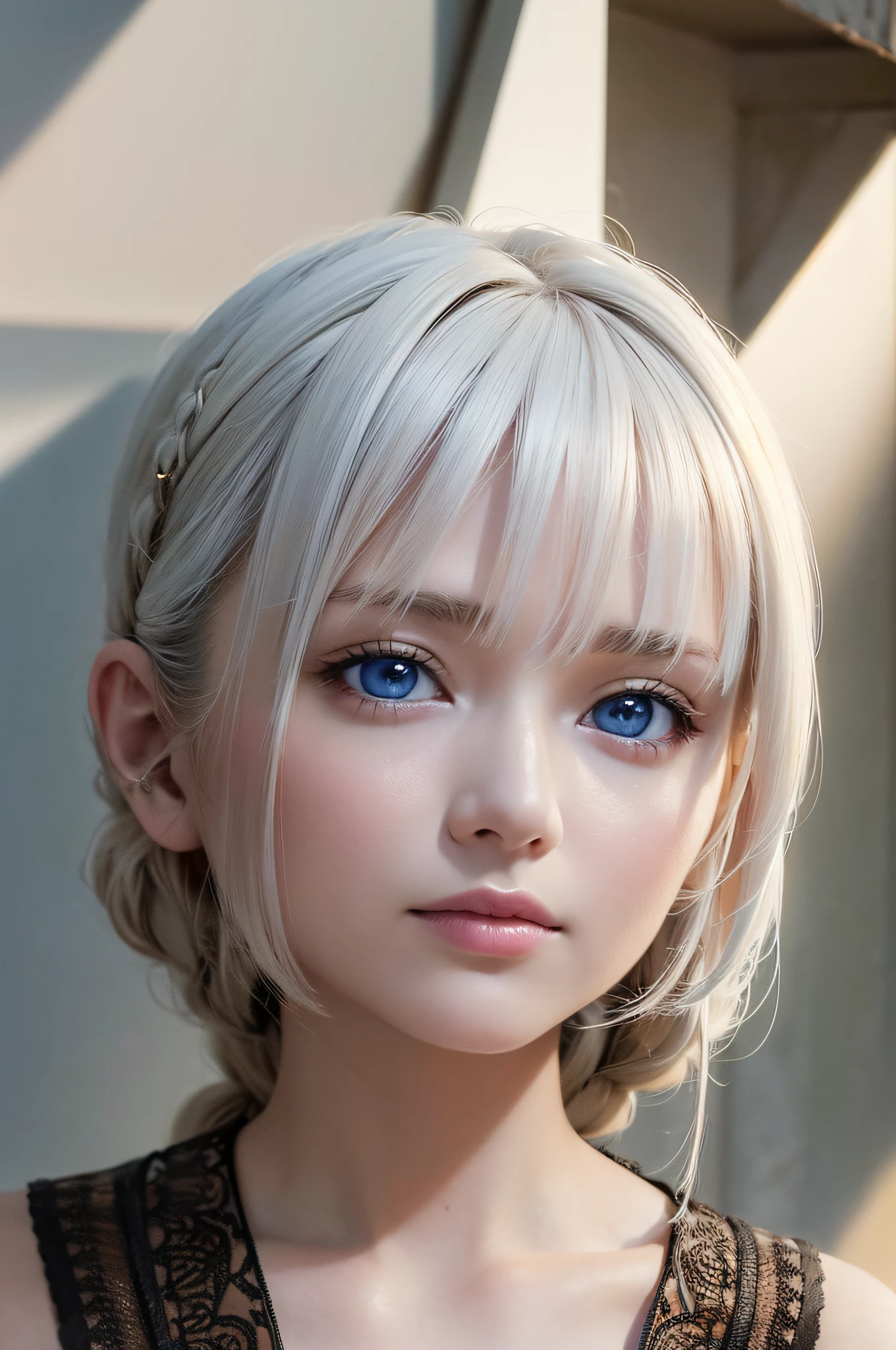 (8K, Best Quality, Masterpiece: 1.2), (Realistic, Photorealistic, Photorealistic: 1.37), Best Quality, Masterpiece, White Hair, Blue Eyes, White Clothes, Look Up, Hair Strand, Fair Skin, Braid, Ultra High Definition, Highly Detailed Eyes and Face, Fantasy