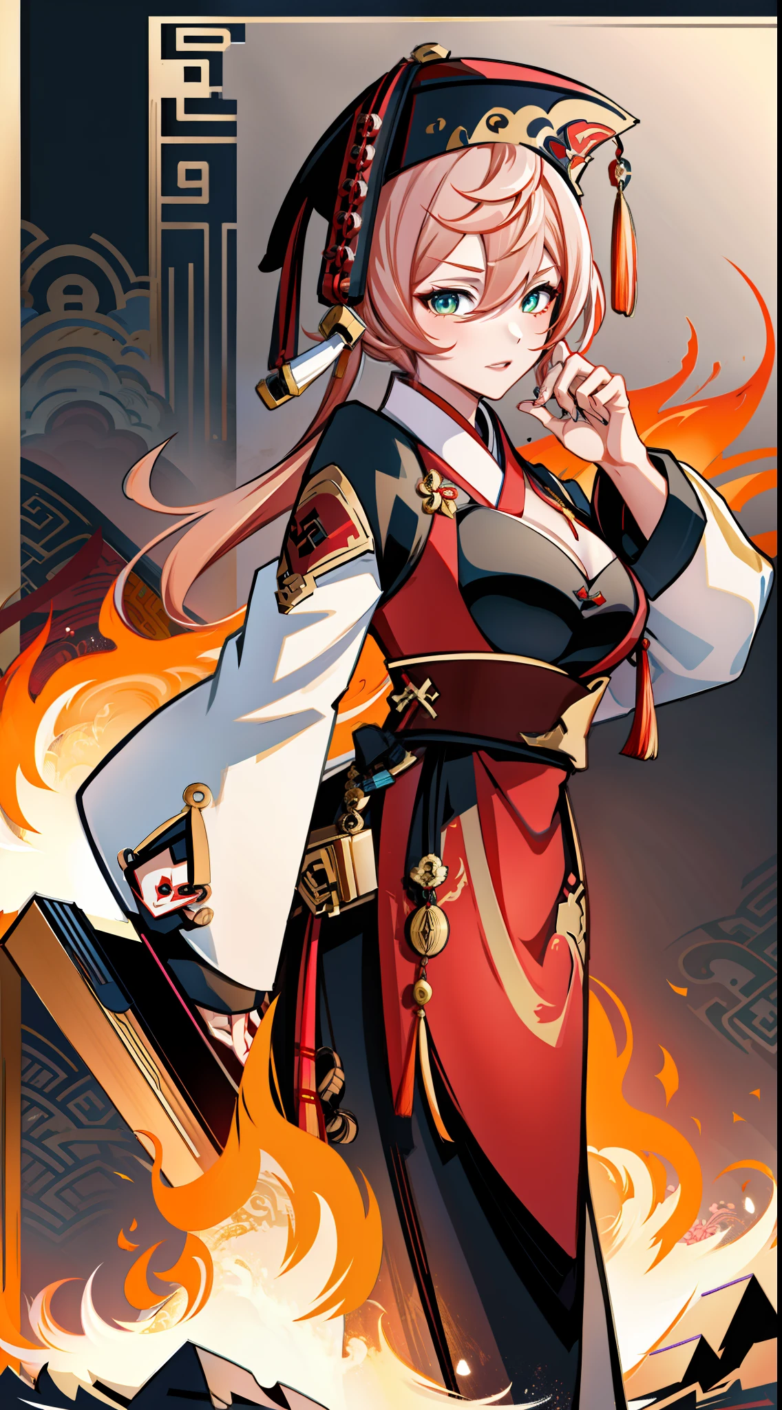Masterpiece, best quality, rich details , video game Genshin Impact, Genshin Impact style, 1 girl, (seductive), sexy expression, (adult female), 30 years old, smoky, full body, ((complex background)), plump is figure, chinoise, hanfu, fire, chinese architectural background