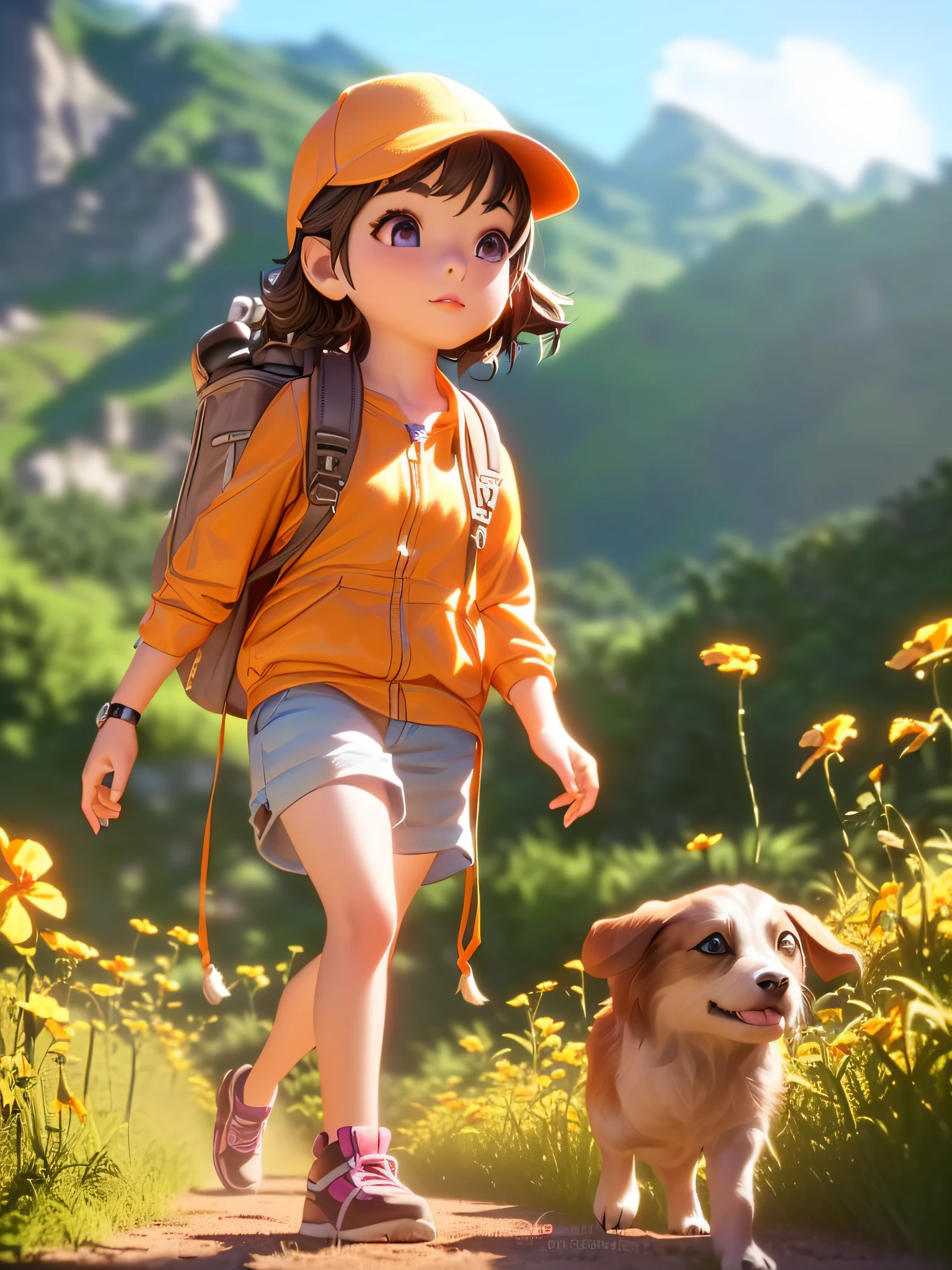 cartoon girl walking with a dog on a trail in a field, small character. unreal engine 5, animation style render, atey ghailan 8 k, childrens art in artstation, adventure hyper realistic render, adorable digital painting, cute 3 d render, cute detailed digital art, female explorer mini cute girl, inspired by Atey Ghailan