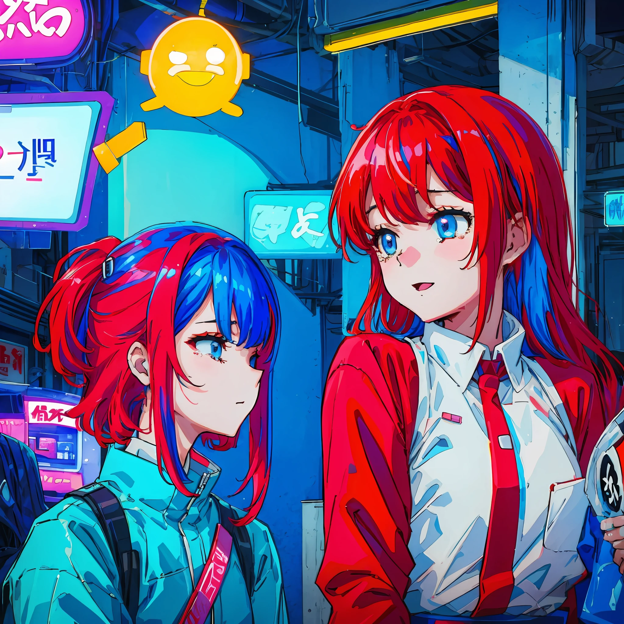 Draw a scene of two Korean twin sisters one redhead and the other with neon blue hair, and that the one with blue hair is crying and the redhead is happy.