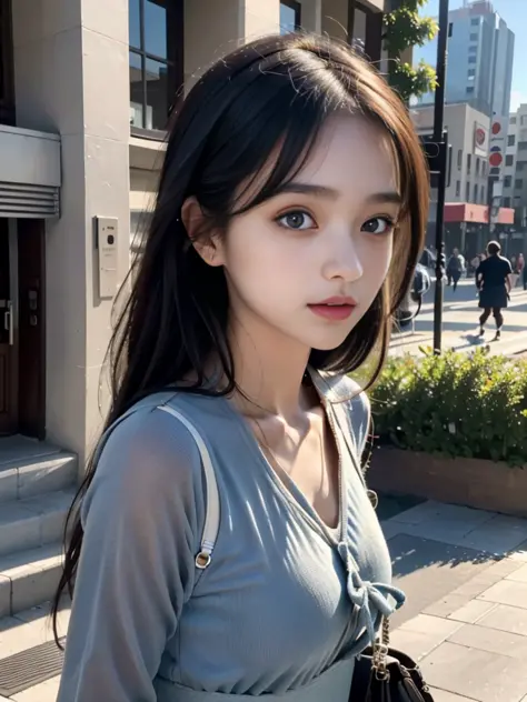 (Best quality, high resolution, masterpiece: 1.3), momo, (modern architecture in background), details in face and skin texture beautifully rendered, detailed eyes, double eyelids, blue pupils, suspenders