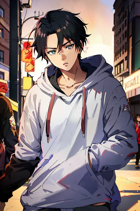anime - style image of a man in a hoodie walking down a street, male anime style, young anime man, handsome guy in demon slayer ...