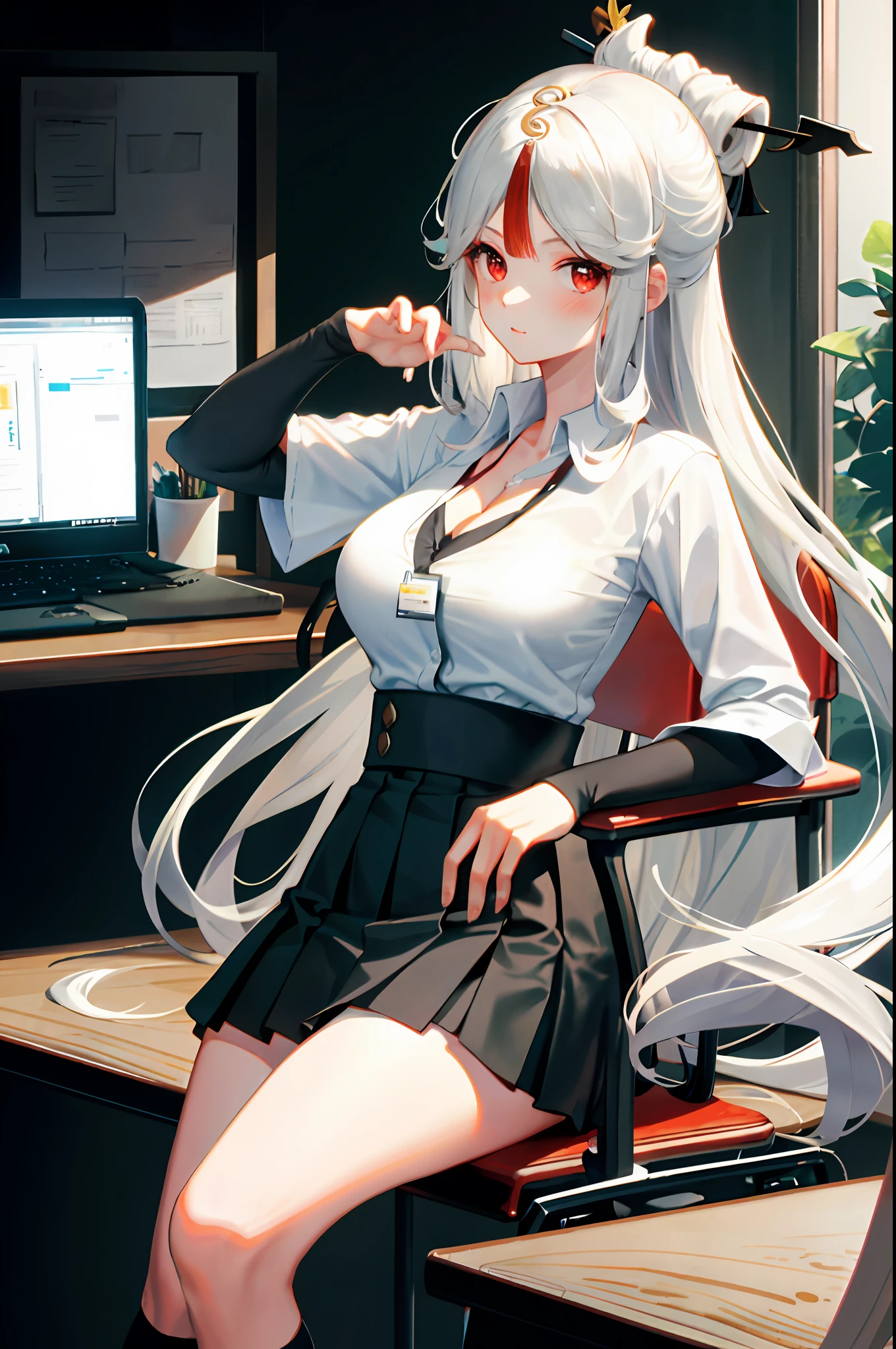 Ningguang, 1girl, solo, ((white shirt)), black thighhighs, breasts, cleavage, uniform, office background, black skirt, pleated skirt, office, hair between eyes, hair ornament, large breasts, long hair, looking at viewer, silver hair, silver short nails, red eyes, solo, thighhighs, thighs, very long hair, ((masterpiece)), sitting, chair, desk, computer on desk, name tag, id tag, indoor, blush, sexy pose,