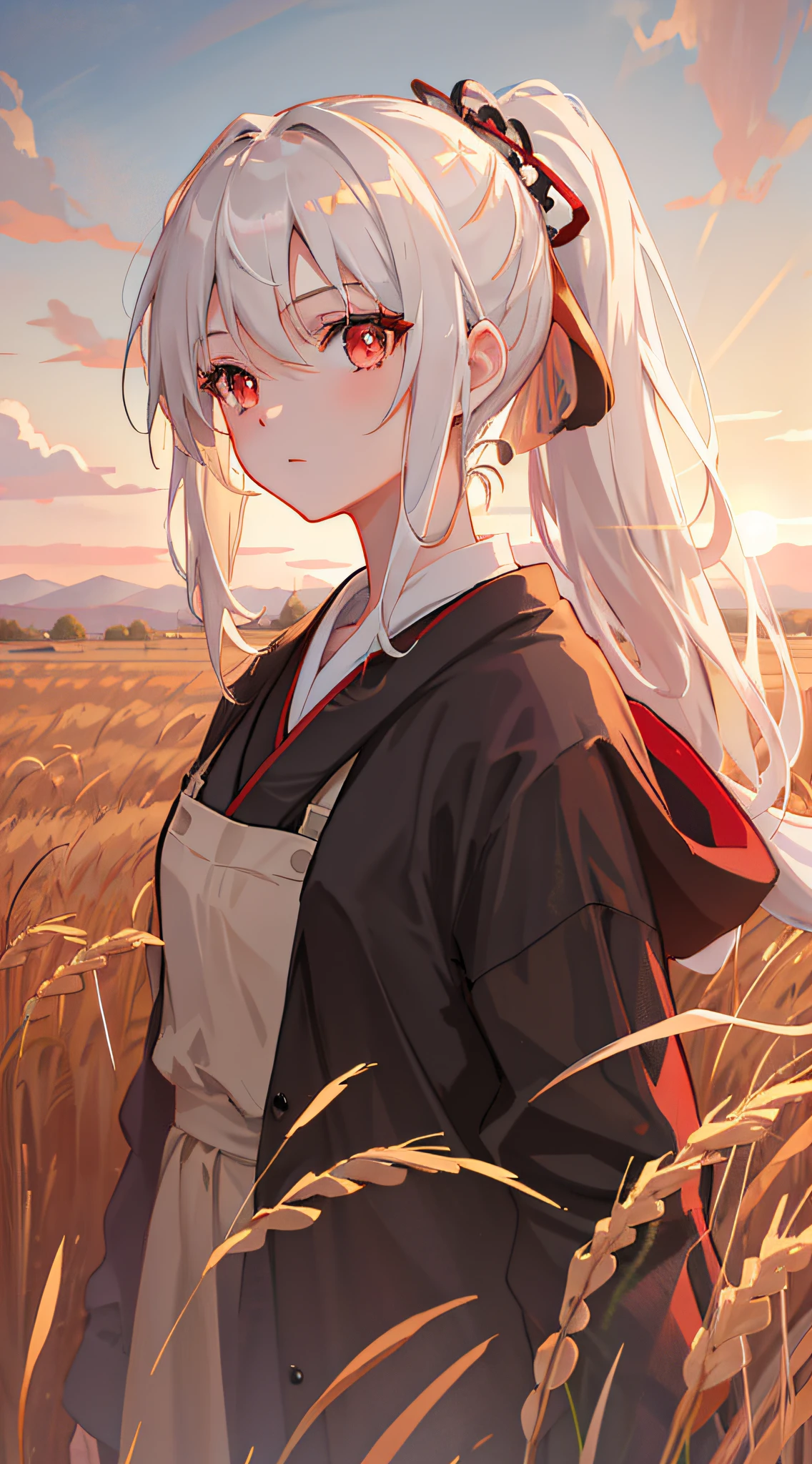 Masterpiece, Superb Style, Beautiful Anime Style, Shoujo, Super Delicate Face, Stunning Face, 1girl, Portrait, White Hair, Ponytail, Red Eye, Samurai, Wheat Landscape, Wheat Field, Sunset, Sun, Clouds, (Neutral Color), (HDR:1.4), Simple Background, Background Blur, Stunning Lighting, C4D, OC Rendering, Movie Edge Light, Fine Light,