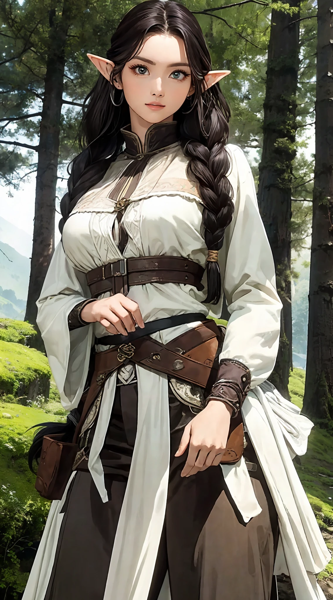 (masterpiece, best quality), beautiful beautiful elf ranger with a huge dire wolf companion patrolling the mystical mountain forest, detailed ranger armor, braided hair, perfect face, beautiful face, big gorgeous eyes, perfect slim fit body, serious, afternoon, bright colors