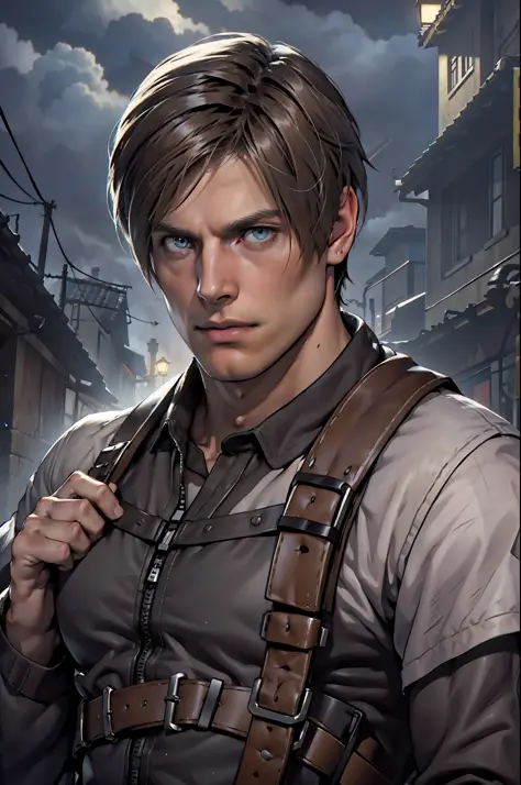 1 man, flat style, illustration, young man, 27 year old, Leon S. Kennedy from Resident evil 4, face of Eudard Badaluta, solo, wh...