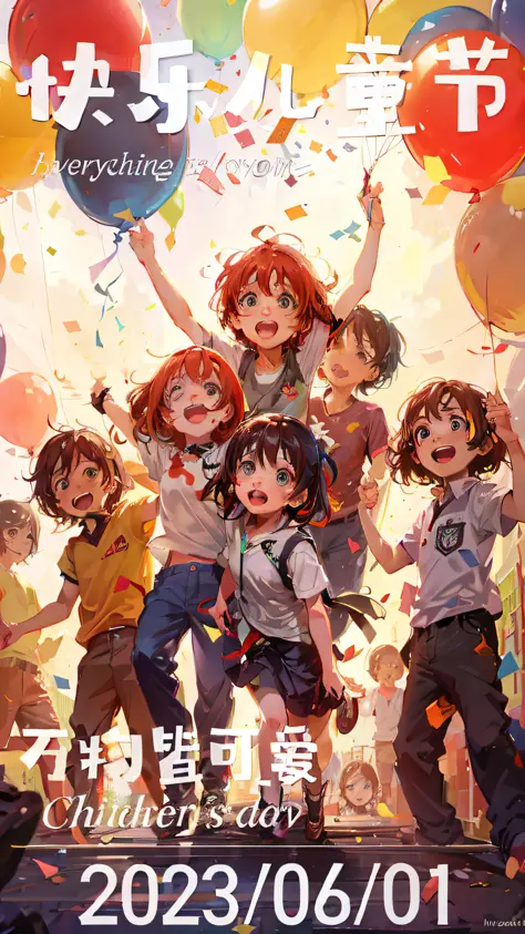 anime poster of a group of children with balloons and confetti, anime cover, official anime artwork, official artwork, official ...