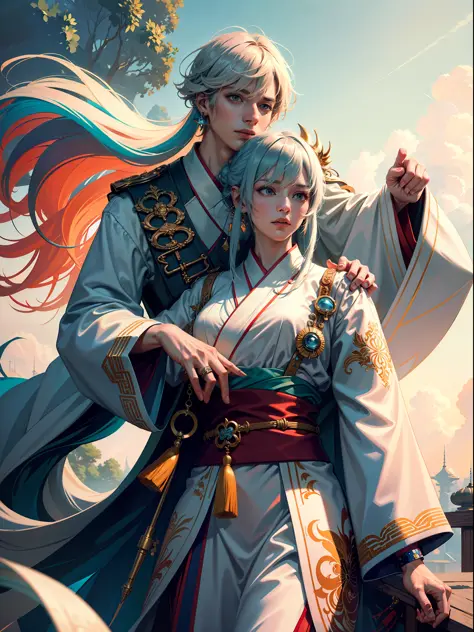 concept art, "1 couple, male focus, fin ears, multicolored hair, handsome boy, long white hair, tassels, bangs, carp, colorful, ...