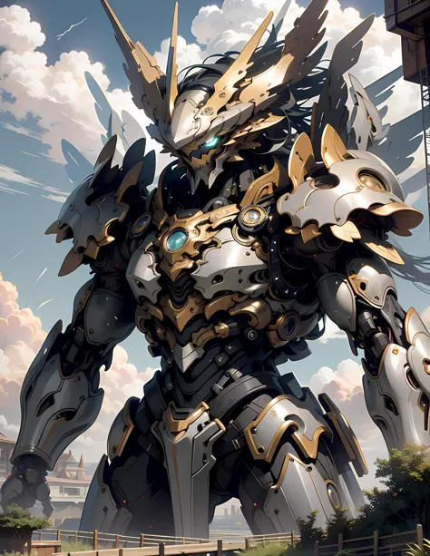 ((best quality)), ((masterpiece)), (detailed), giant mech, spread arms, perched on clouds, (fantasy illustration: 1.3), enchanti...