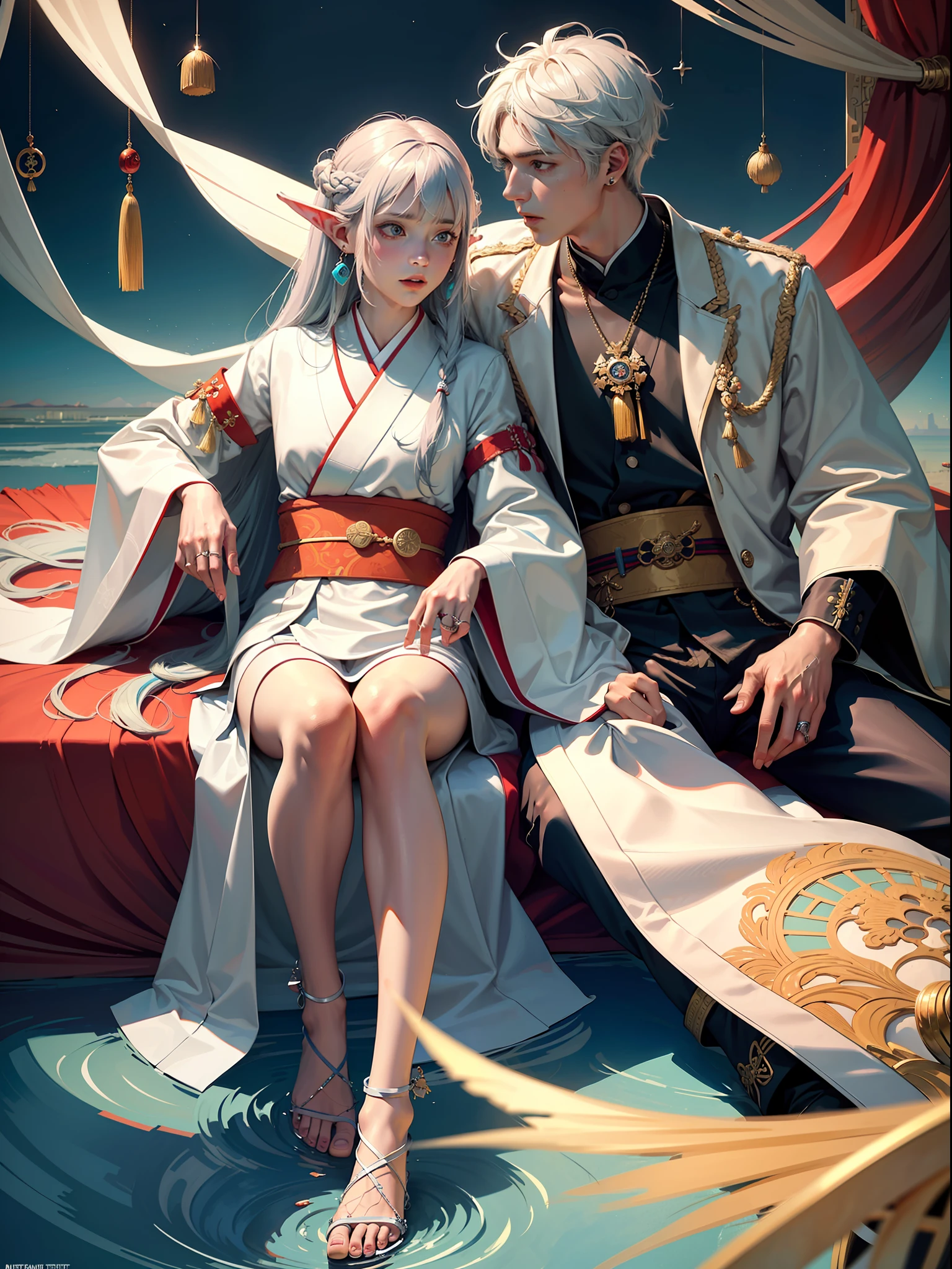 Concept Art, "1 Couple, Male Focus, Fin Ears, Multicolored Hair, Handsome Boy, Long White Hair, Tassels, Bangs, Carp, Colorful, Bold Colors, White Kimono, (Open) Kimono, Traditional Chinese Clothing, Close-up, Intimate Interaction in Bed, Stud Earrings, Rings, Sweat, Illuminate People", Colorful, Master Composition, Focus on Key Figures, Realism, Masterpiece, Award-Standing, Best Quality, Masterpiece, Ultra Detailed, 8K, Extremely Detailed CG Unity 8k wallpaper, complex, highly detailedrealistic