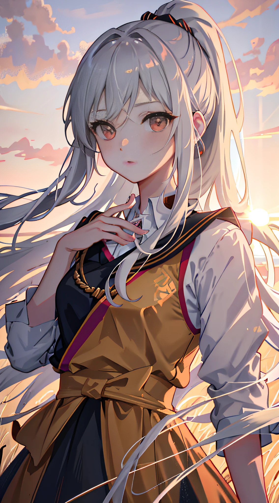 Masterpiece, Superb Anime Style, Girly, Super Delicate Face, Super High Resolution, Delicate Face, Delicate Eyes, Eye Details, Face Details, Finger Details, Stunning Face, 1girl, Portrait, Silver Hair, High Ponytail, Ponytail, Red Eye, Samurai, Wheat Landscape, Wheat Field, Sunset, Sun, Clouds, (Neutral Color), (HDR:1.4), Simple Background, Background Blur, Stunning Lighting, C4D, OC Rendering, Movie Edge Light, Fine Light,