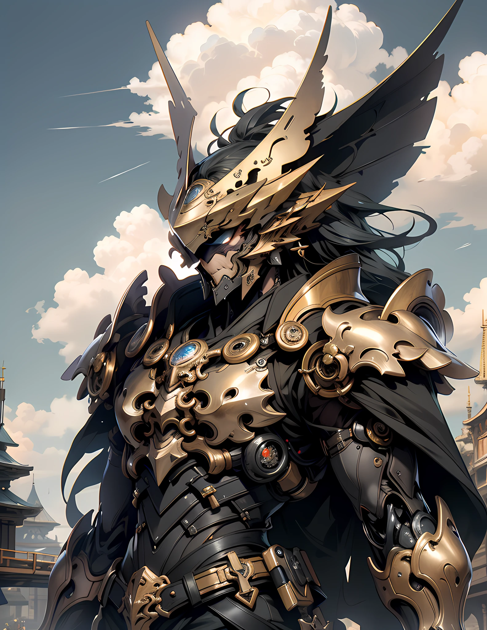 ((Best Quality)), ((Masterpiece)), (detailed), with mecha mask, handsome mask, detailed mask, giant mech, super huge, castle, perched on clouds, (fantasy illustration: 1.3), captivating gaze, otherworldly charm, mysterious sky, (Luis Royo: 1.2), (Yoshitaka Amano: 1.1), moonlit night, pastel colors, (detailed cloud view: 1.3), (high resolution: 1.2), 8K