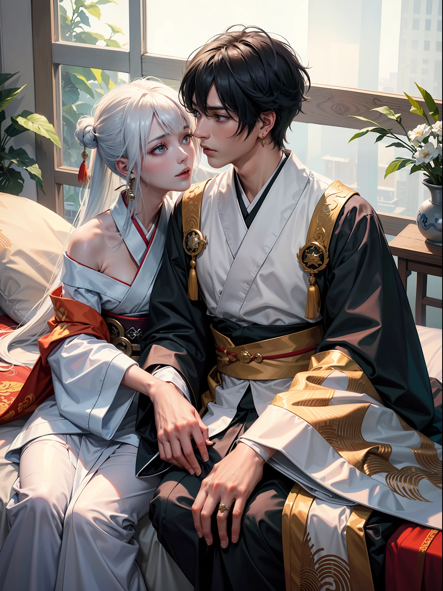 Concept Art, "1 Couple, Male Focus, Fin Ears, Multicolored Hair, Handsome Boy, Long White Hair, Tassels, Bangs, Carp, Colorful, Bold Colors, White Kimono, (Open) Kimono, Traditional Chinese Clothing, Close-up, Intimate Interaction in Bed, Stud Earrings, Rings, Sweat, Illuminate People", Colorful, Master Composition, Focus on Key Figures, Realism, Masterpiece, Award-Standing, Best Quality, Masterpiece, Ultra Detailed, 8K, Extremely Detailed CG Unity 8k wallpaper, complex, highly detailedrealistic