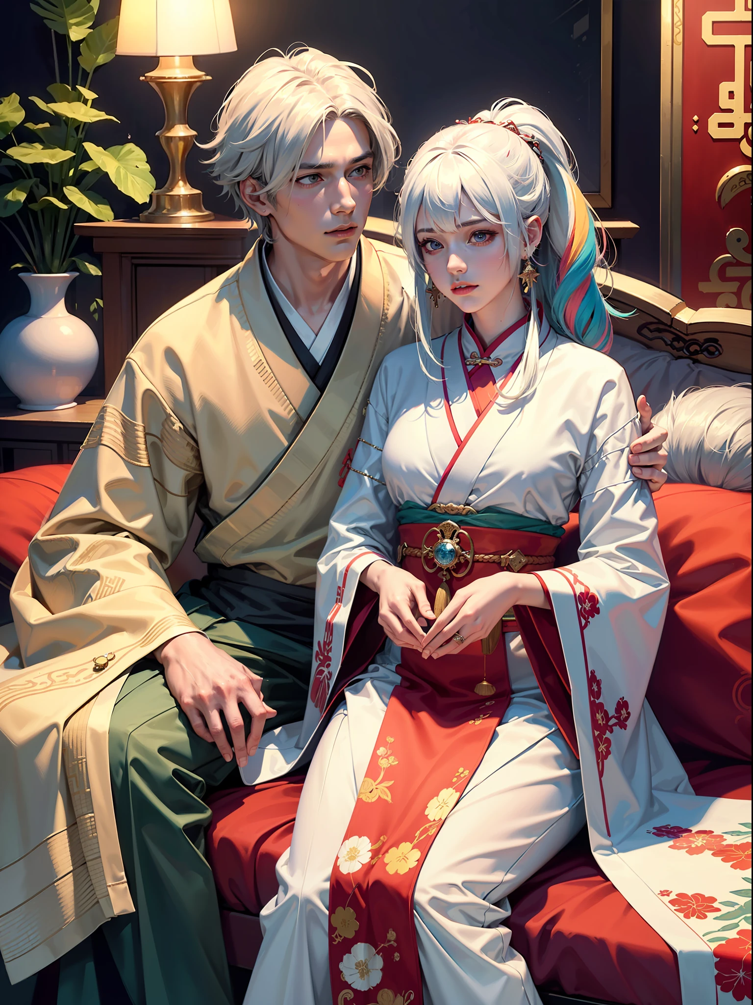 Arte conceptual, "1 pareja, enfoque masculino, Orejas de aleta, pelo multicolor, Chico guapo, pelo largo y blanco, borlas, Golpes, carpa, Vistoso, Colores vivos, kimono blanco, (abierto) Kimono, ropa tradicional china, De cerca, Interacción íntima en la cama, aretes, anillos, sudor, iluminar a la gente", Vistoso, composición maestra, centrarse en cifras clave, Realism, obra maestra, Premiado, mejor calidad, obra maestra, ultra detallado, 8K, Fondo de pantalla CG unity 8k extremadamente detallado, complejo, muy detallado y realista