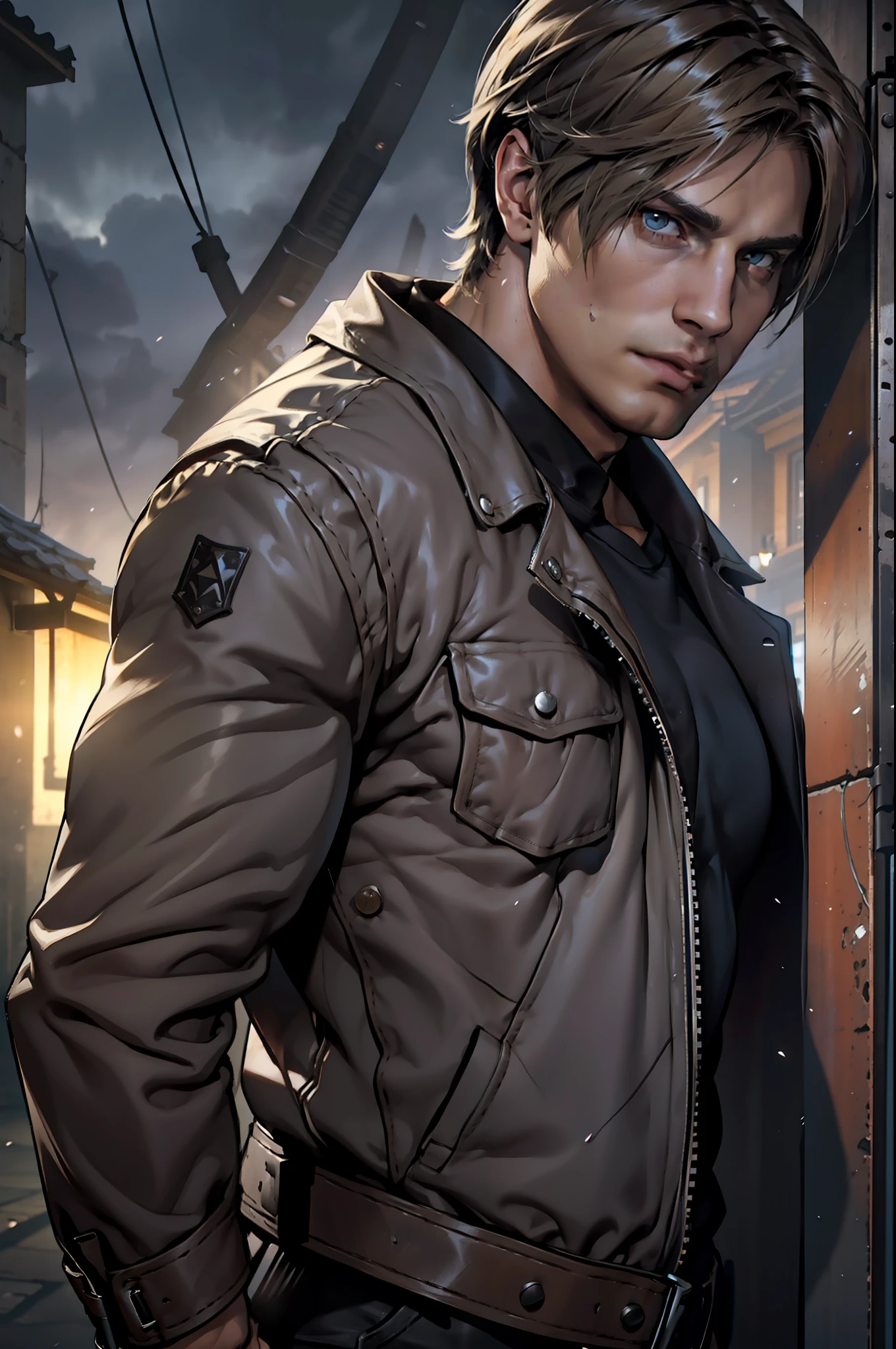 1 человек, плоский стиль, Иллюстрация, молодой человек, 27 лет, Леон С. Кеннеди из Resident Evil 4, лицо Эударда Бадалуты, Один, белая кожа, мускулистый, худощавый мускулистый мужчина, высокий, красавчик, широкое плечо, бритый, темно-коричневые волосы, прическа на занавеске, темно-коричневая холодная кожаная куртка с длинными рукавами и белым мехом на шее, футболка черного цвета внутри, черные брюки, зритель смотрит, высокое разрешение:1.2, Лучшее качество, выстрел в верхнюю часть тела, крупный план, облачное небо и фон старой испанской деревни, ночь, низкий угол камеры, объемное освещение, глубина резкости, тень