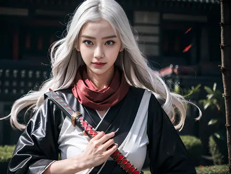 upper body, 1 girl, white hair, red eyes, (samurai), katana, scarf, wallpaper, magic circle background, light particles, red fir...