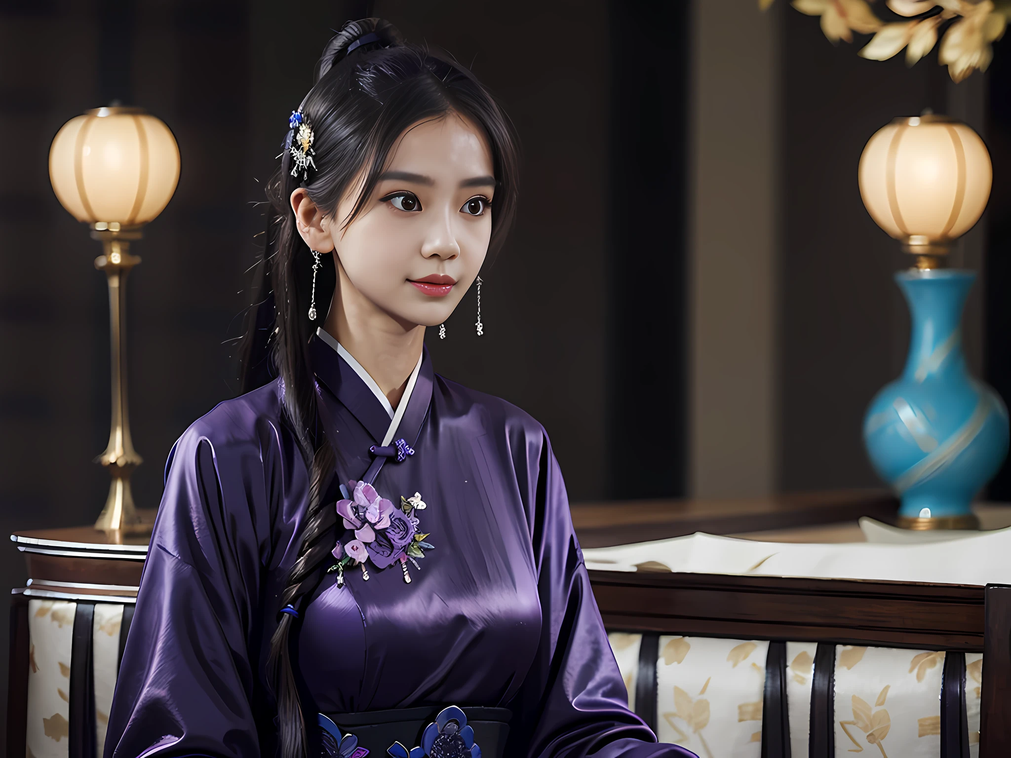 Masterpiece, Superb Style, Banquet, Daytime, 1 People, Young Girl, Chinese Style, Ancient Chinese, Dark Clothes, Purple Clothes, Dark Brown Hair, Blue Eyes, Split Hair, Long Hair, Long Bangs, High Ponytail, Handsome, Masculine, Gentle, Unicorn Pattern