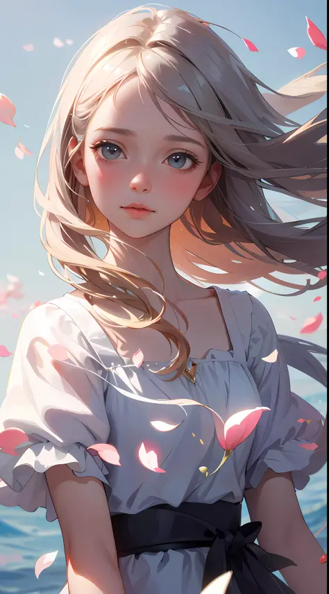 (best quality, masterpiece, ultra-realistic), 1 beautiful and delicate portrait of a girl, playful and cute, with floating petal...