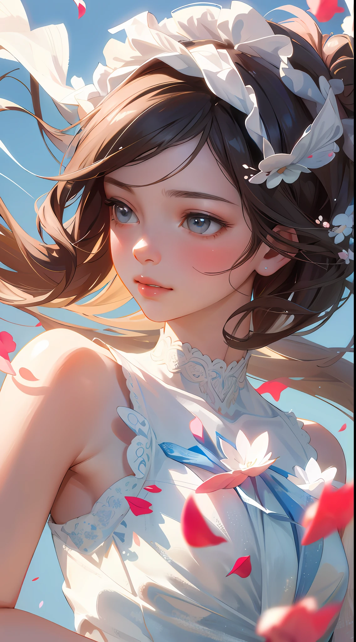(beste Qualität, Meisterwerk, ultra-realistisch), 1 schönes und zartes Porträt eines Mädchens, verspielt und süß, mit schwebenden Blütenblättern im Hintergrund